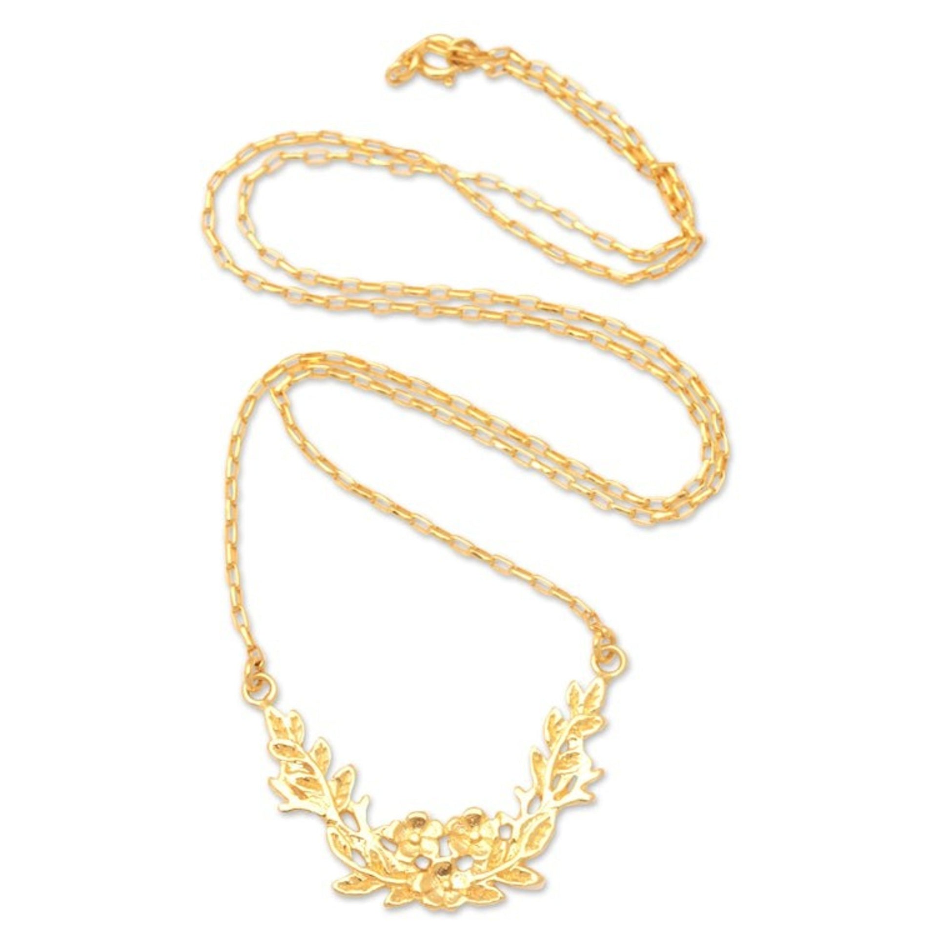 18k Gold-Plated Leafy and Floral Pendant Necklace from Bali 'Spring Plumeria'