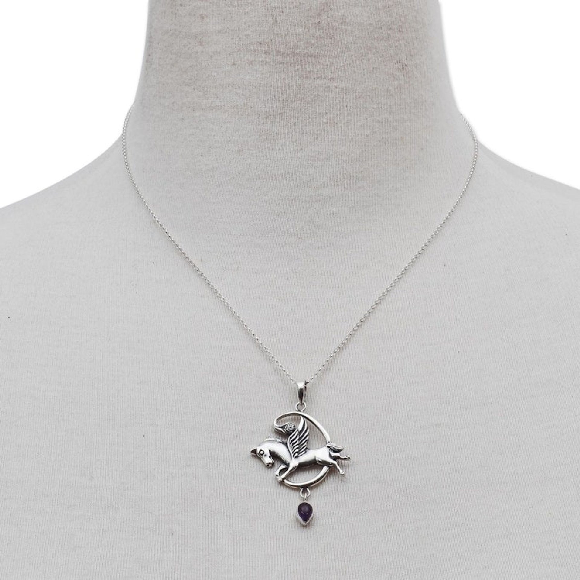 Sterling Silver and Amethyst Pegasus Pendant Necklace 'Pegasus Heaven'