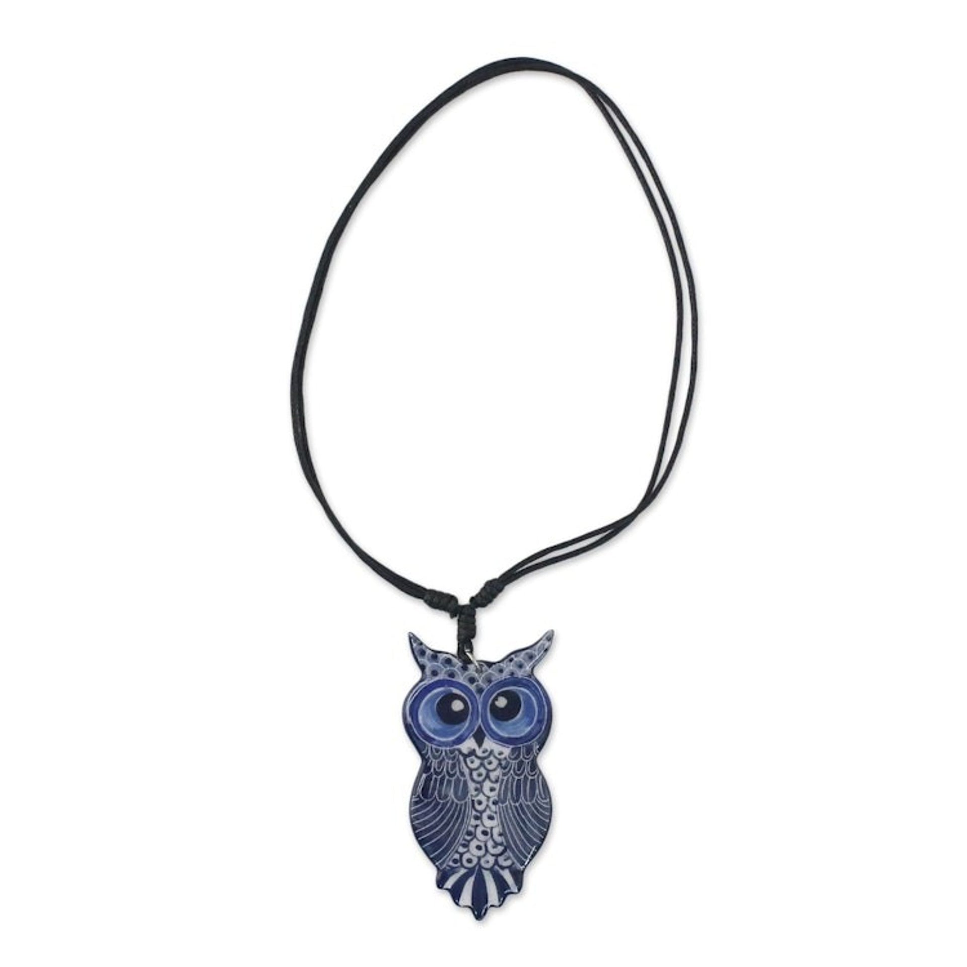 Thai Handmade Blue Ceramic Owl Adjustable Pendant Necklace 'Alluring Blue Owl'