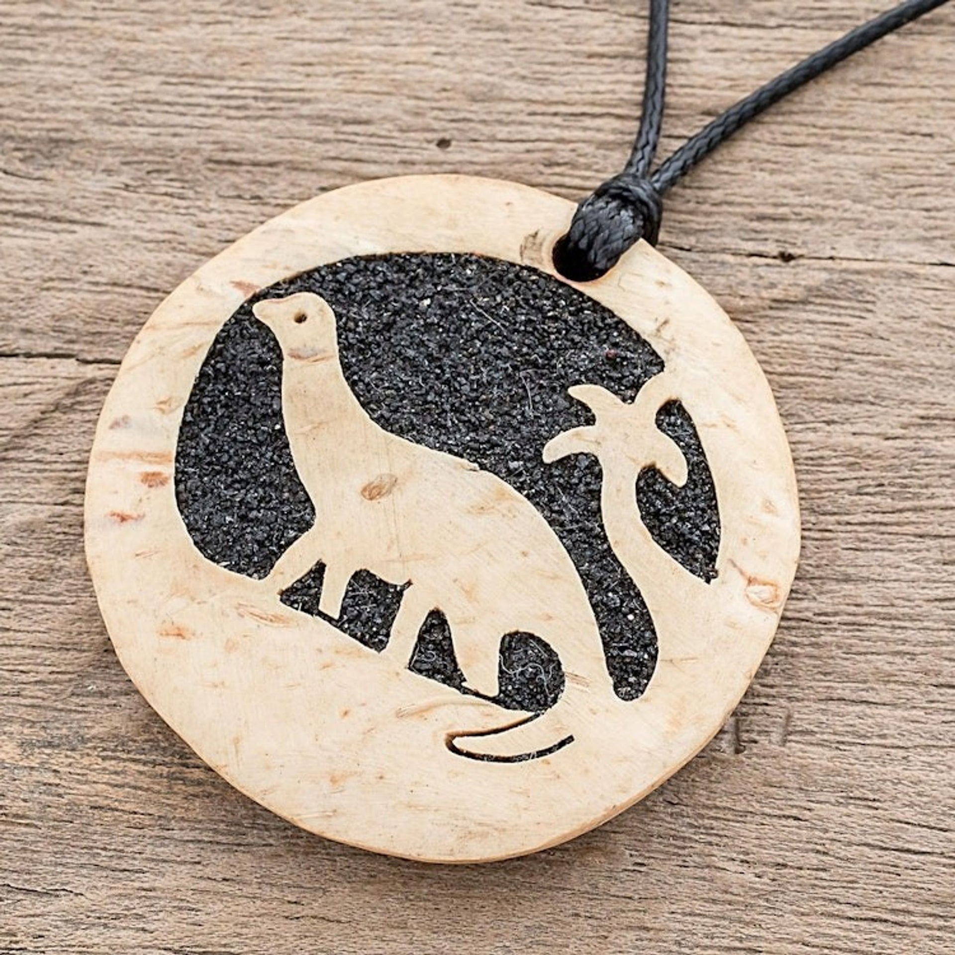 Coconut Shell and Lava Stone Diplodocus Pendant Necklace 'Diplodocus'