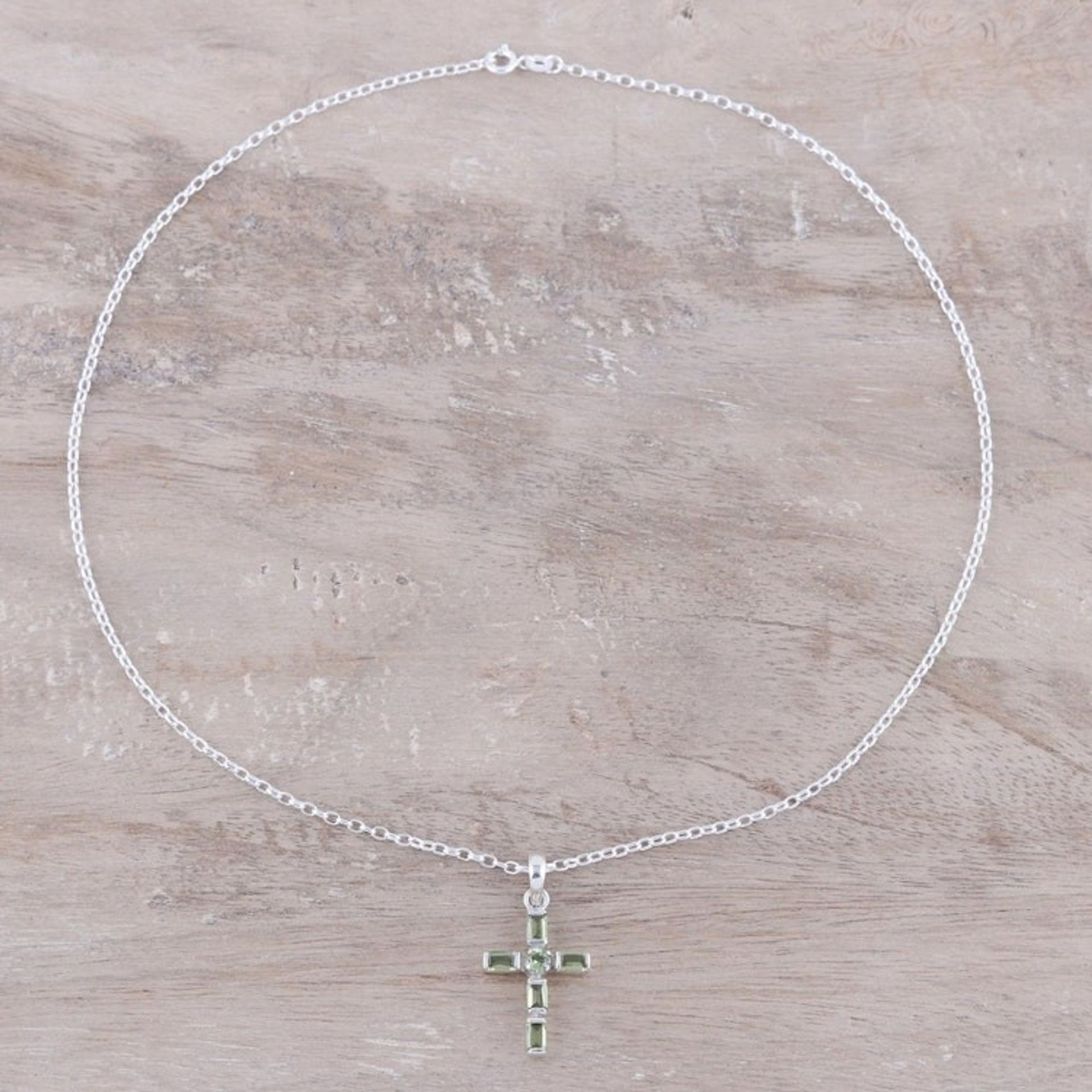 Sterling Silver and Peridot Cross Pendant Necklace 'Kolkata Cross'