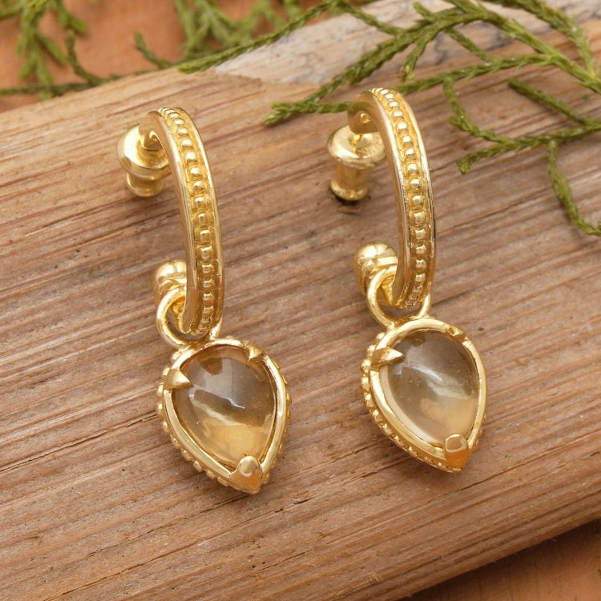 18k Gold Plated Citrine Dangle Earrings from Bali 'Vintage Gleam'