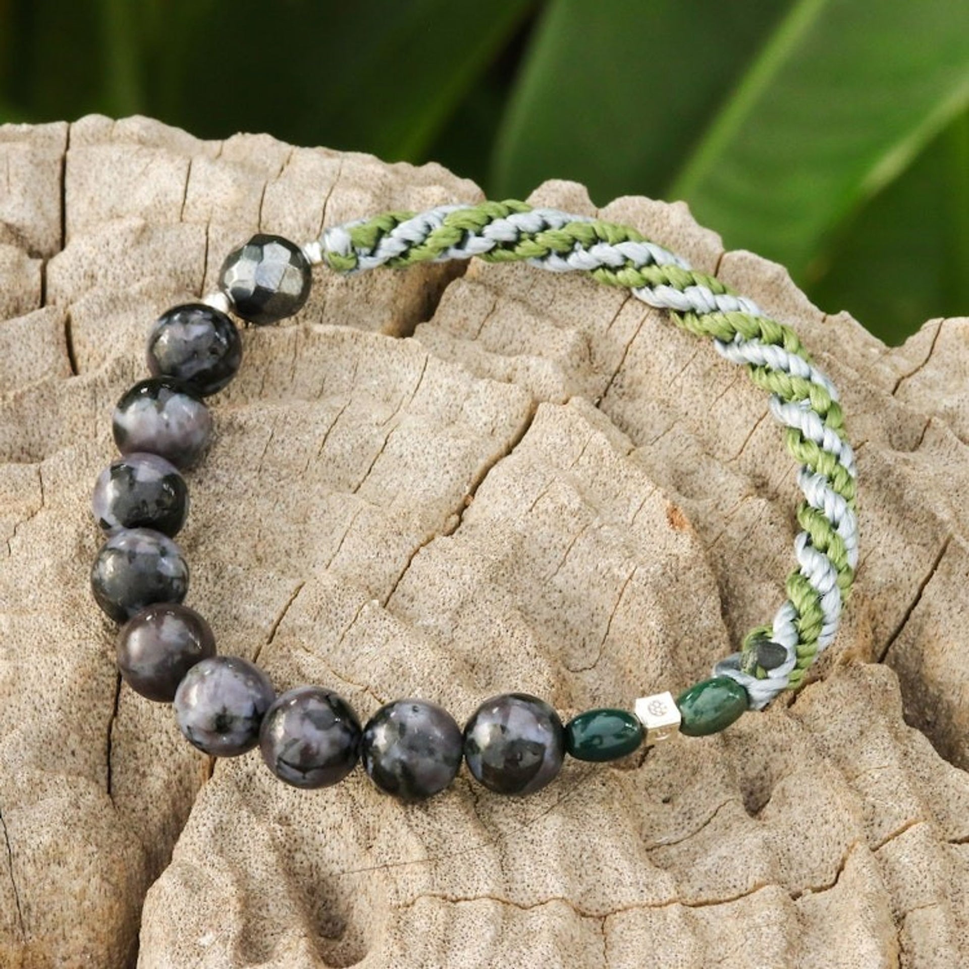 Multi-Gemstone Beaded Stretch Bracelet in Green and Grey 'Mystic Journey'