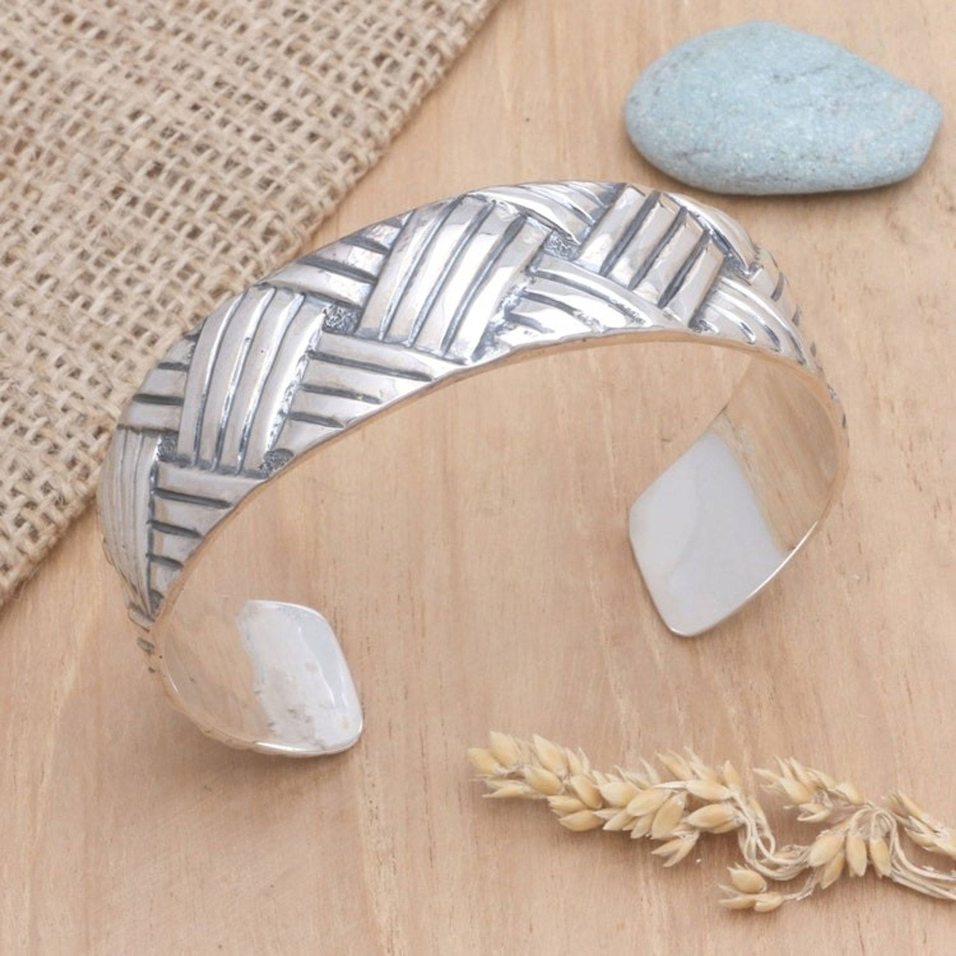Sterling silver cuff bracelet 'Bamboo Weave'
