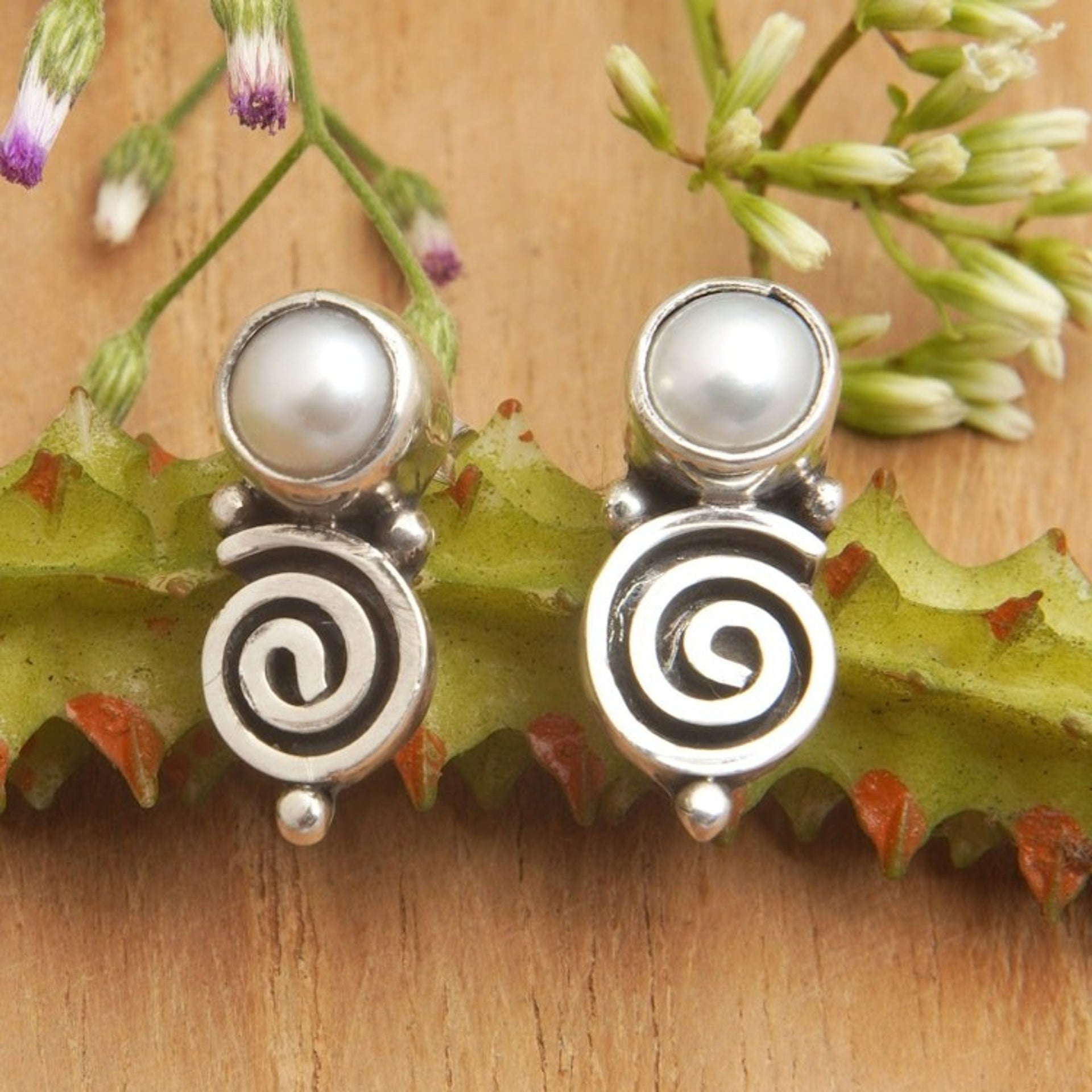 Sterling Silver Swirl Drop Earrings with Grey Pearls 'Innocence Swirls'