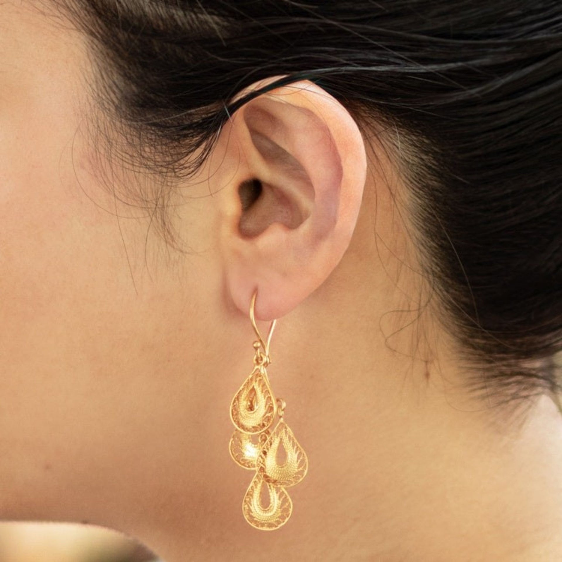 Gold Vermeil Handcrafted Filigree Chandelier Earrings 'Raindrop Cascade'