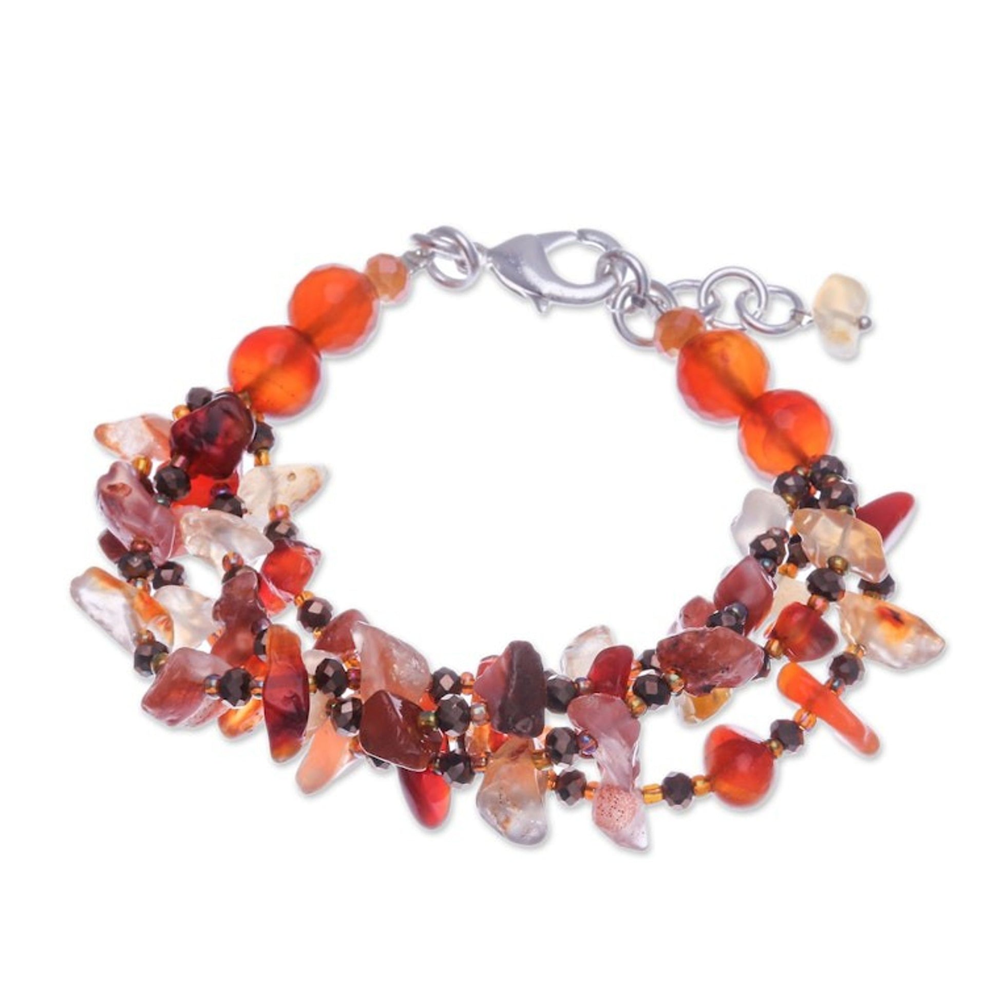 Orange-Toned Carnelian and Chalcedony Beaded Strand Bracelet 'Courageous Jewels'