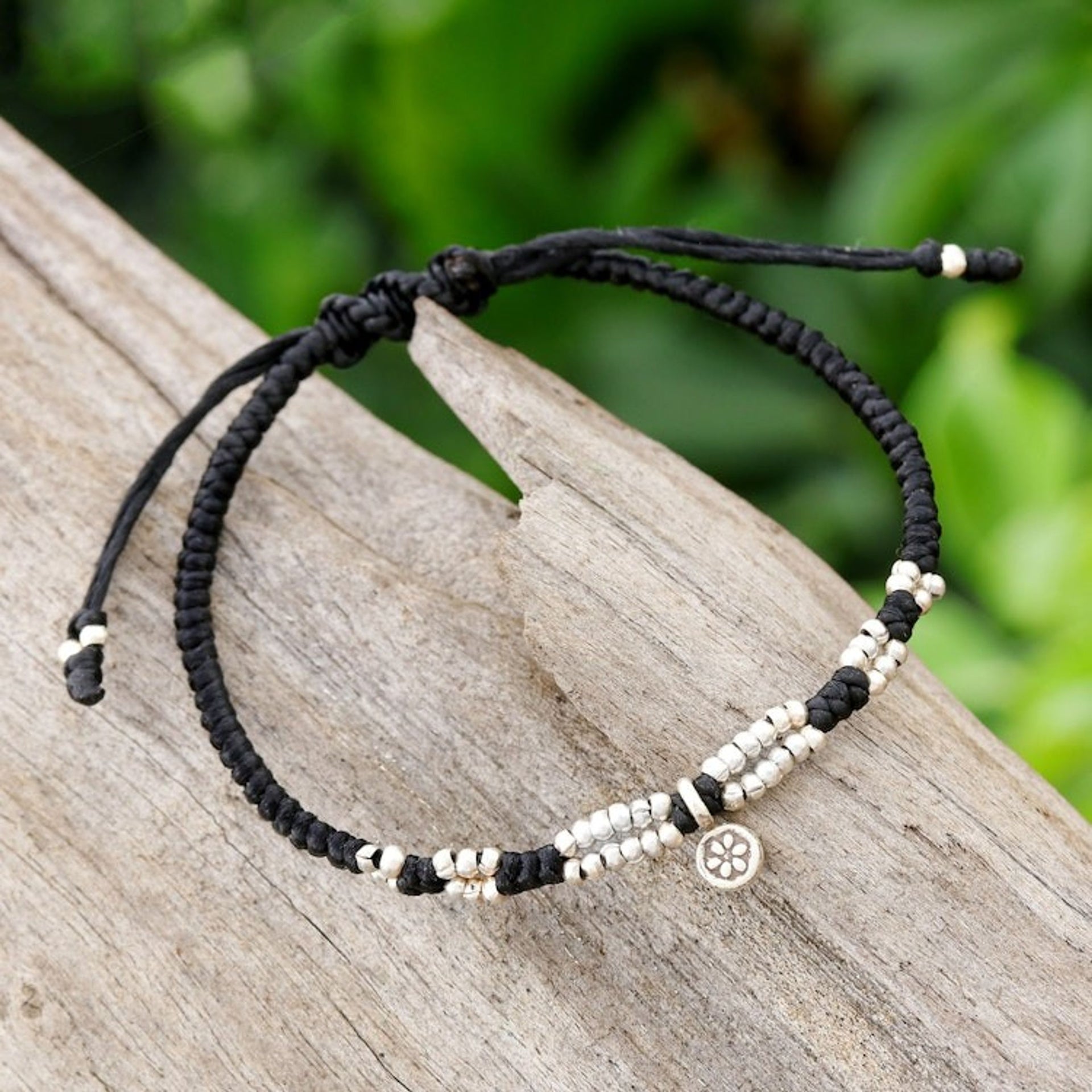 Thai Silver Pendant Beaded Macrame Bracelet in Black 'Petite Flower in Black'