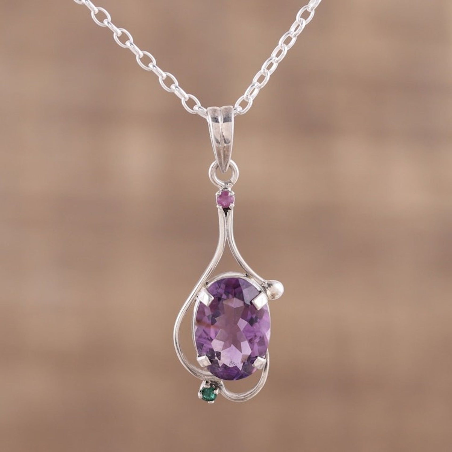 Amethyst Ruby and Emerald Pendant Necklace from India 'Alluring Glisten'