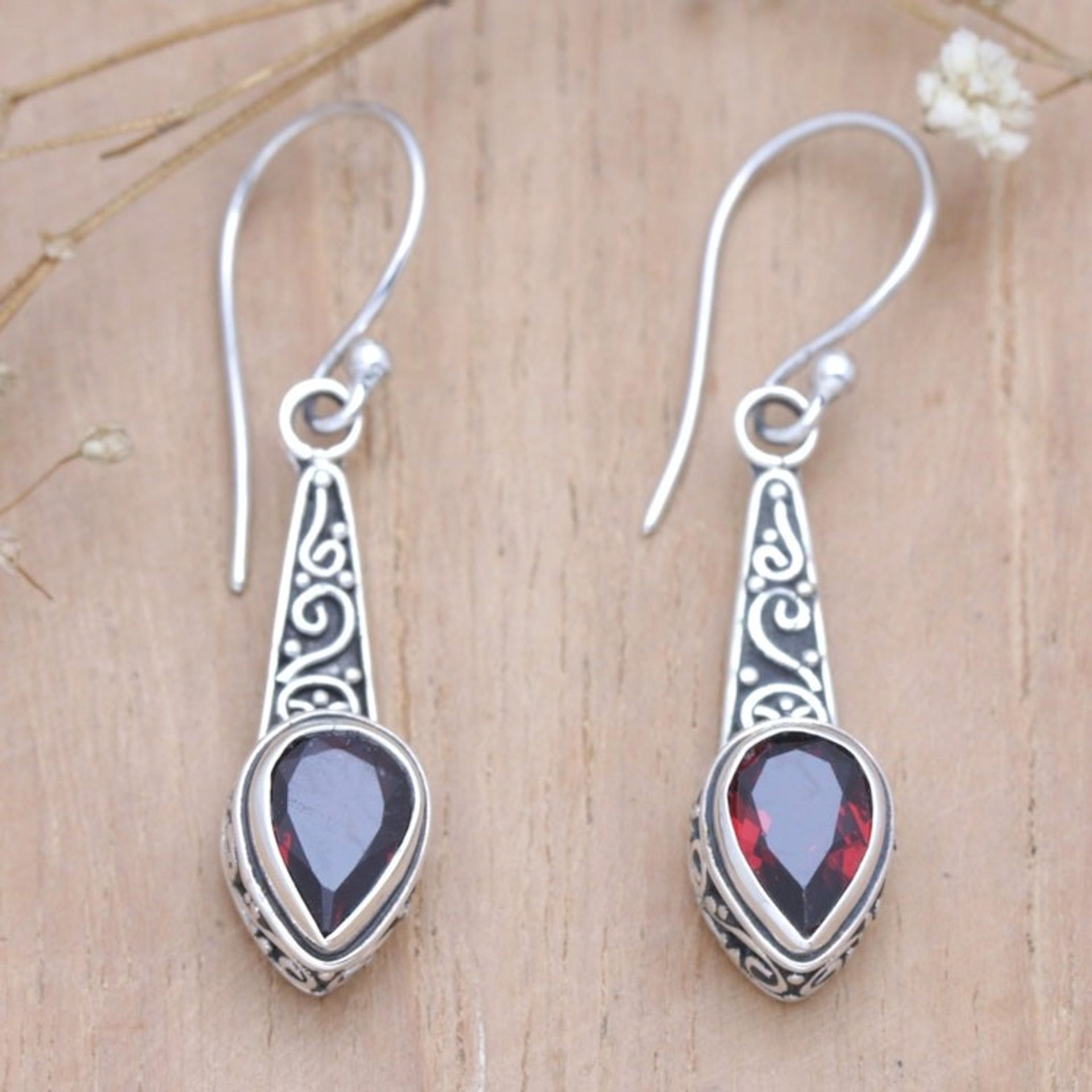 Faceted Two-Carat Garnet Dangle Earrings Crafted in Bali 'Crimson Balinese Heaven'