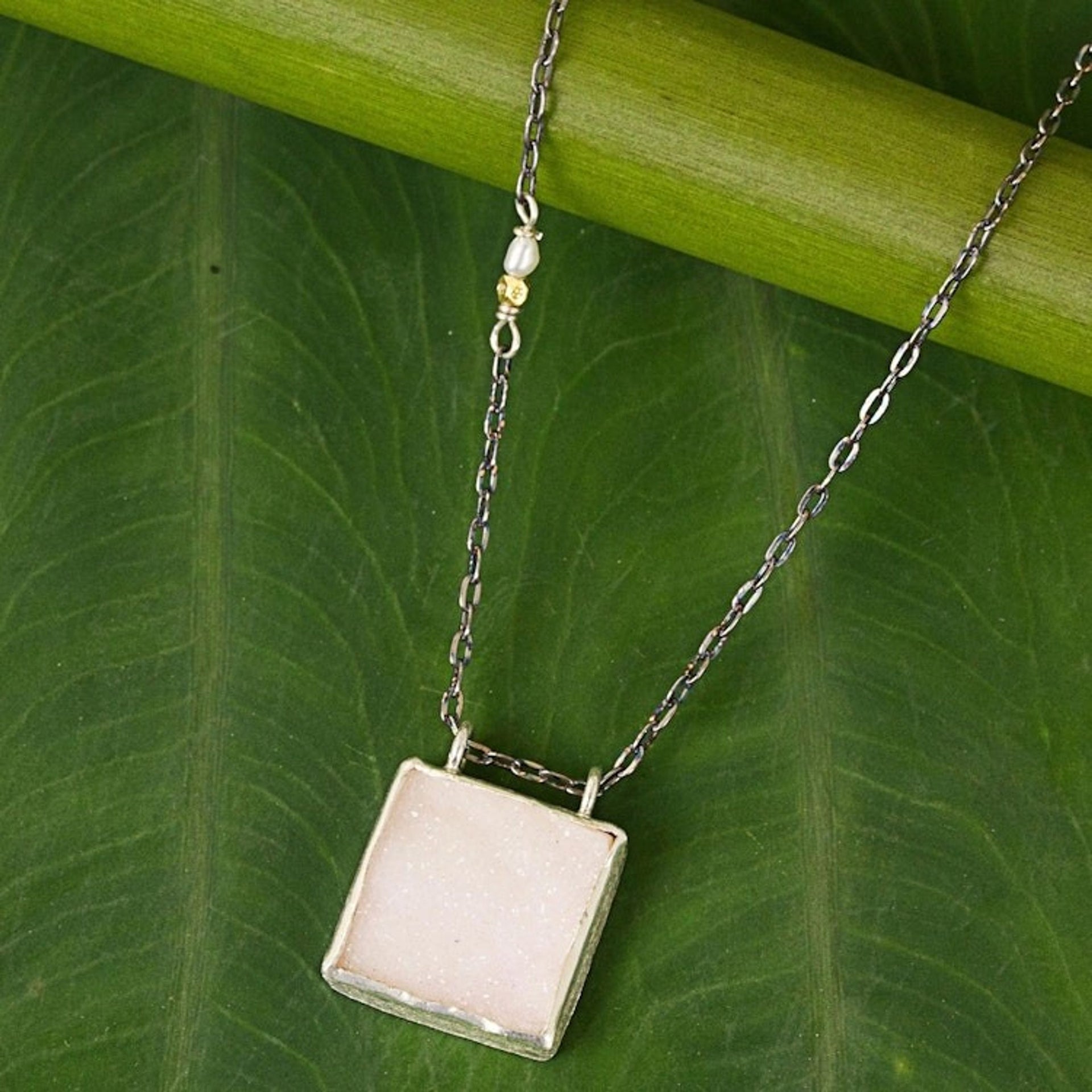 Drusy Pendant Necklace with Pearl and Gold Accents 'Shimmering Sky'