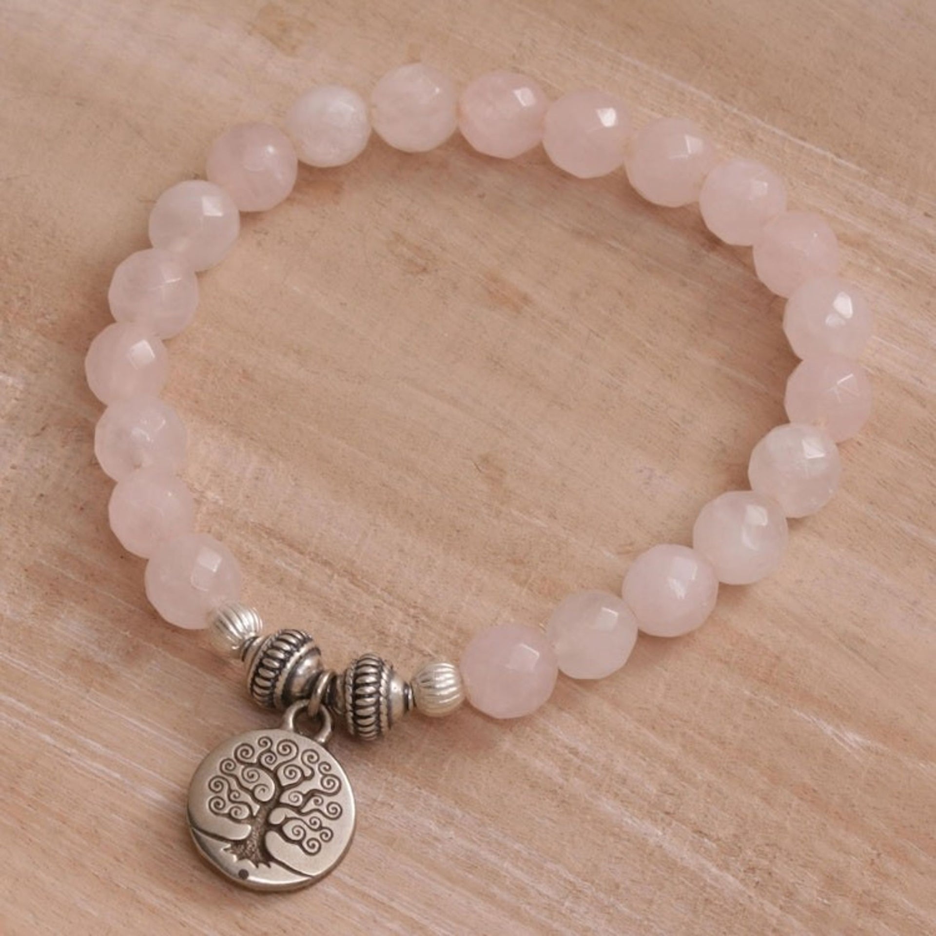 Tree-Themed Rose Quartz Beaded Stretch Bracelet from Bali 'Sunrise Tree'