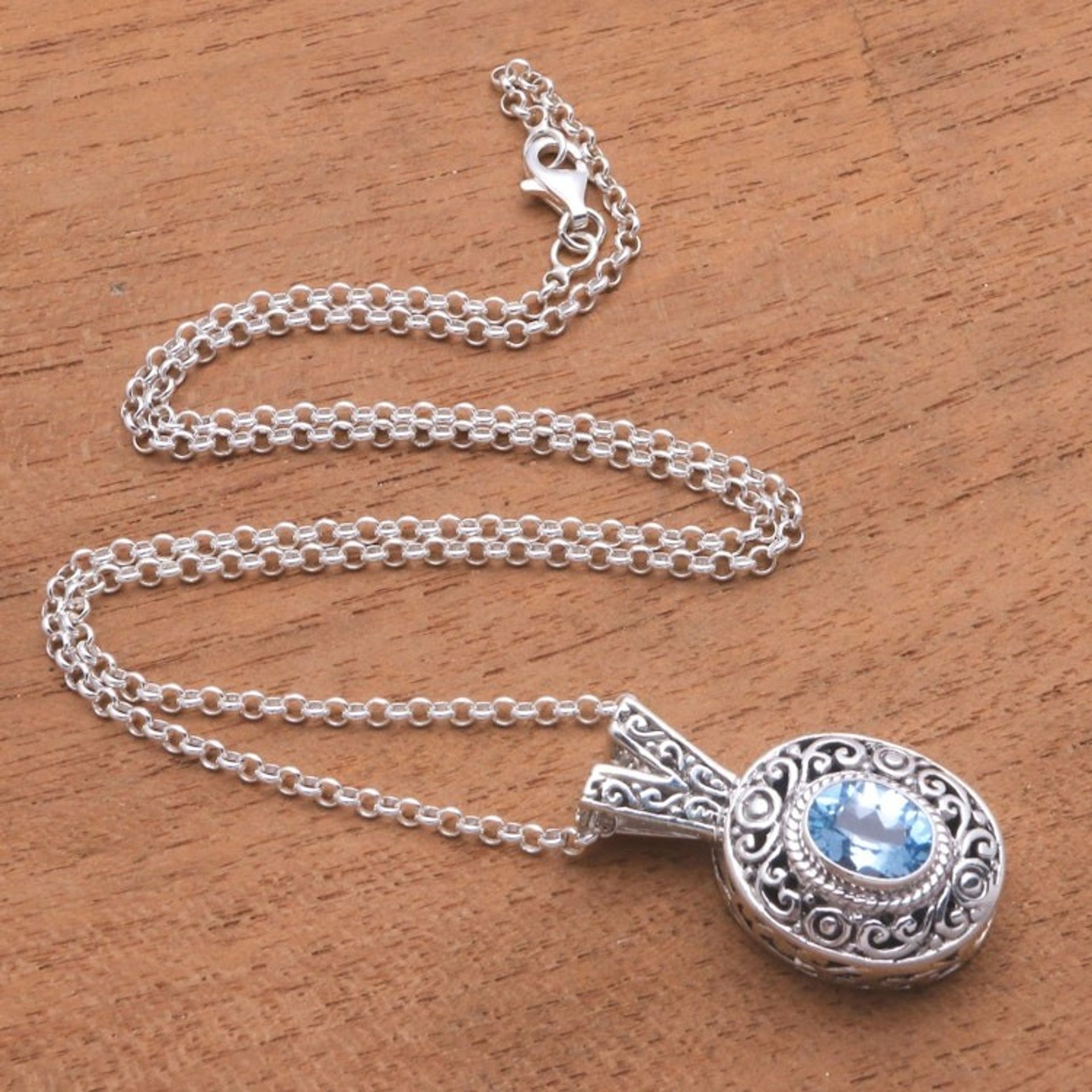 Swirl Pattern Blue Topaz Pendant Necklace from Bali 'Angel Eye'