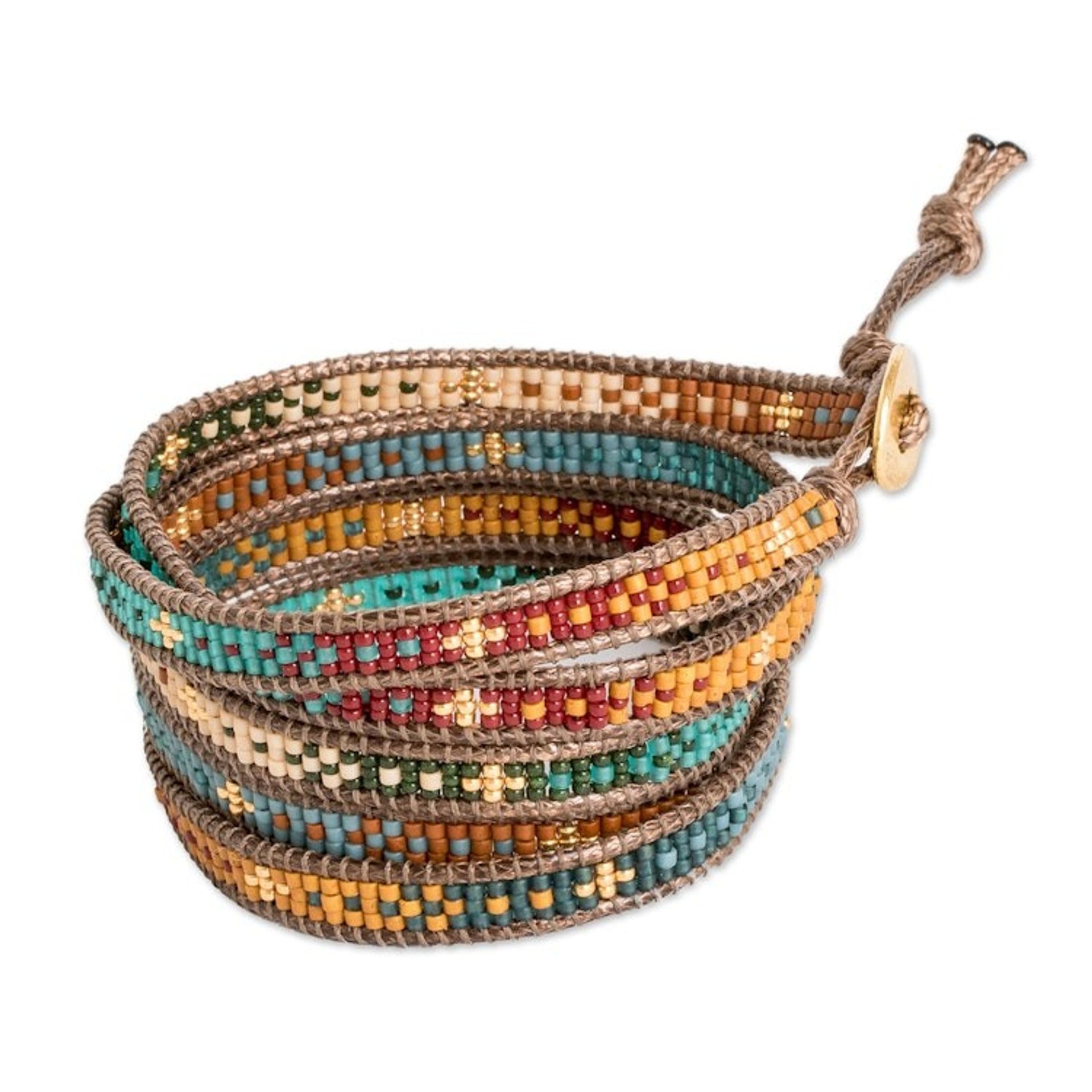 Handcrafted Glass Beaded Wrap Bracelet with Pewter Button 'Cerro de la Cruz in Brown'