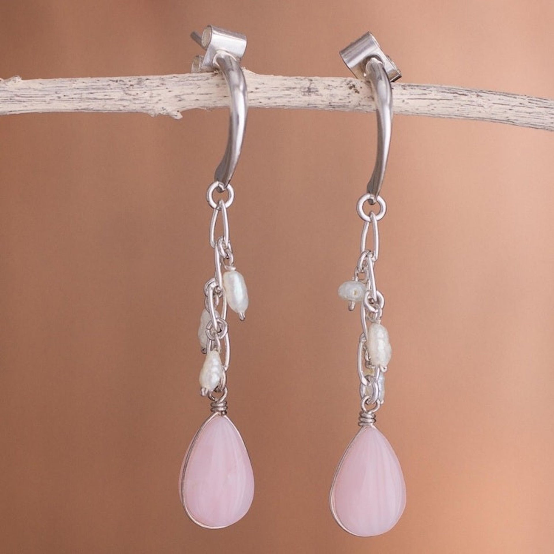 Pearl and Pink Opal Dangle Earrings from Peru 'Sweet Perfection'