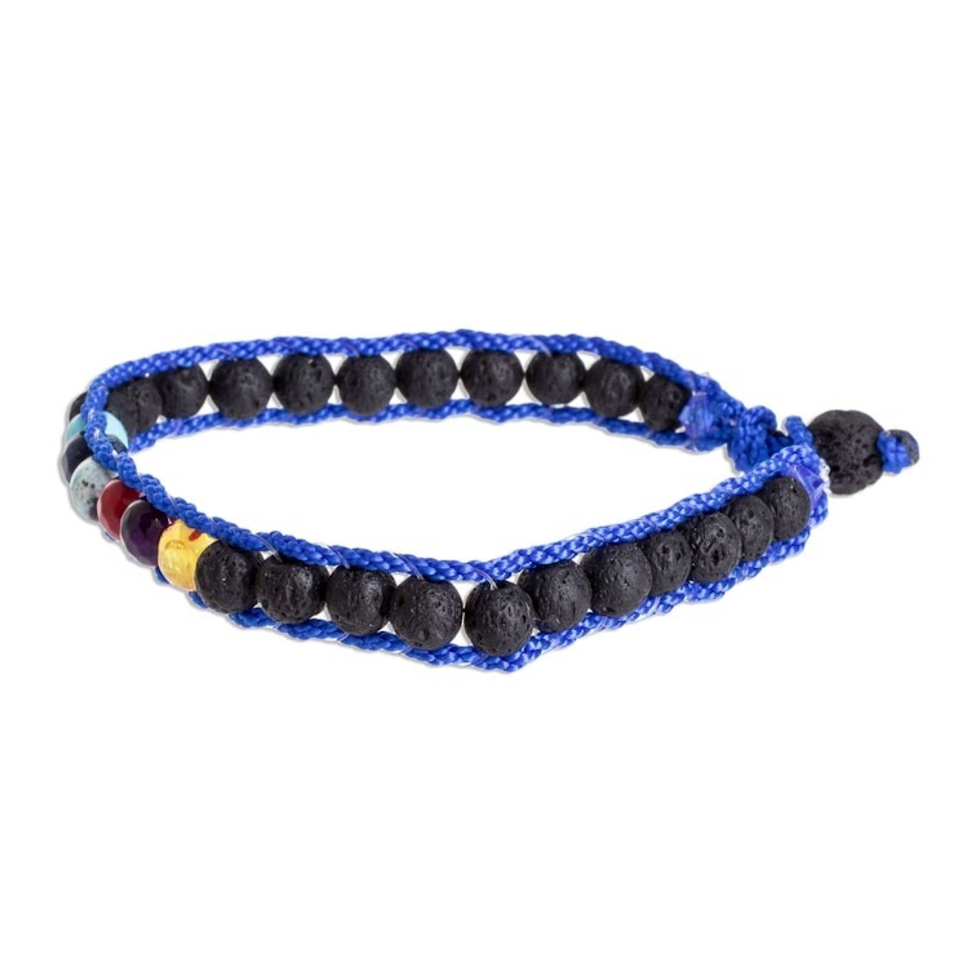 Men's Glass and Lava Stone Beaded Macrame Bracelet in Blue 'Planet Colors in Blue'