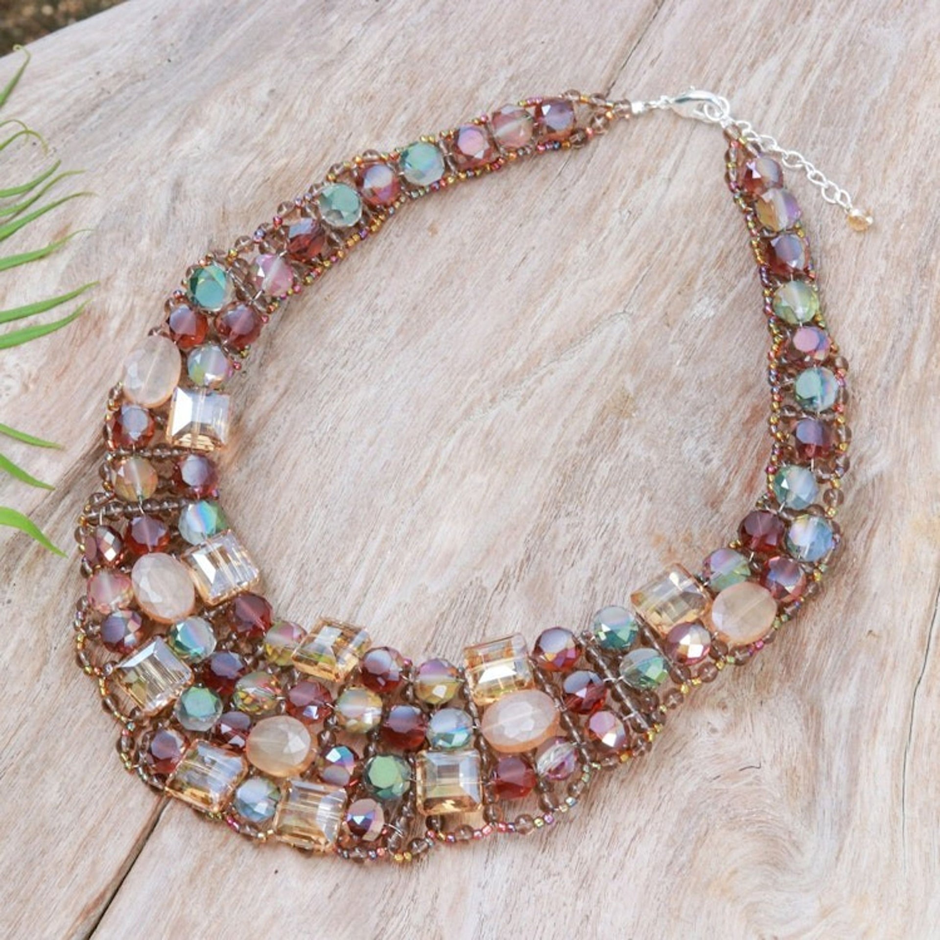 Handmade Glass Beaded Choker Necklace in Warm Hues 'Crystallized Evenings'