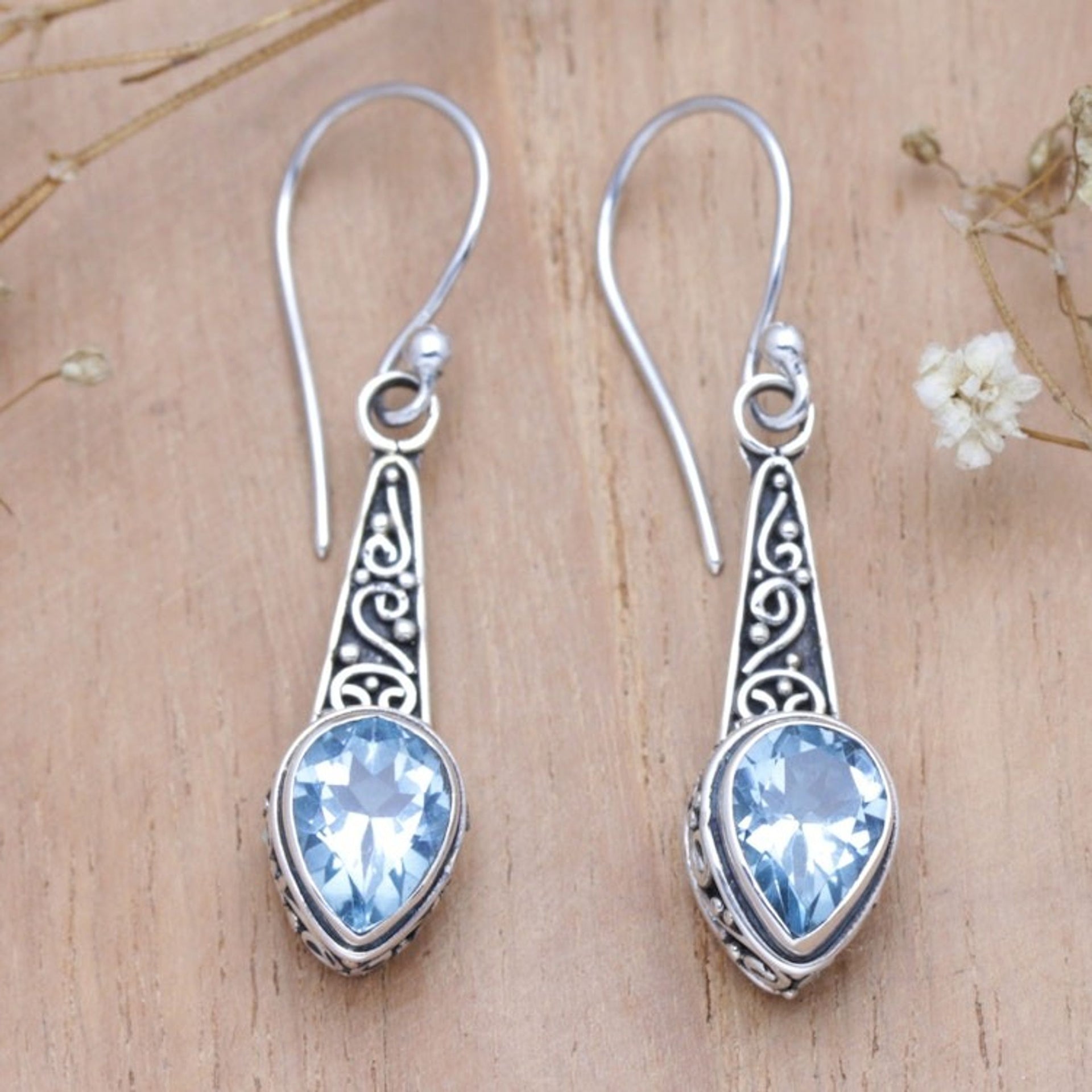 Faceted Two-Carat Blue Topaz Dangle Earrings Crafted in Bali 'Blue Balinese Heaven'