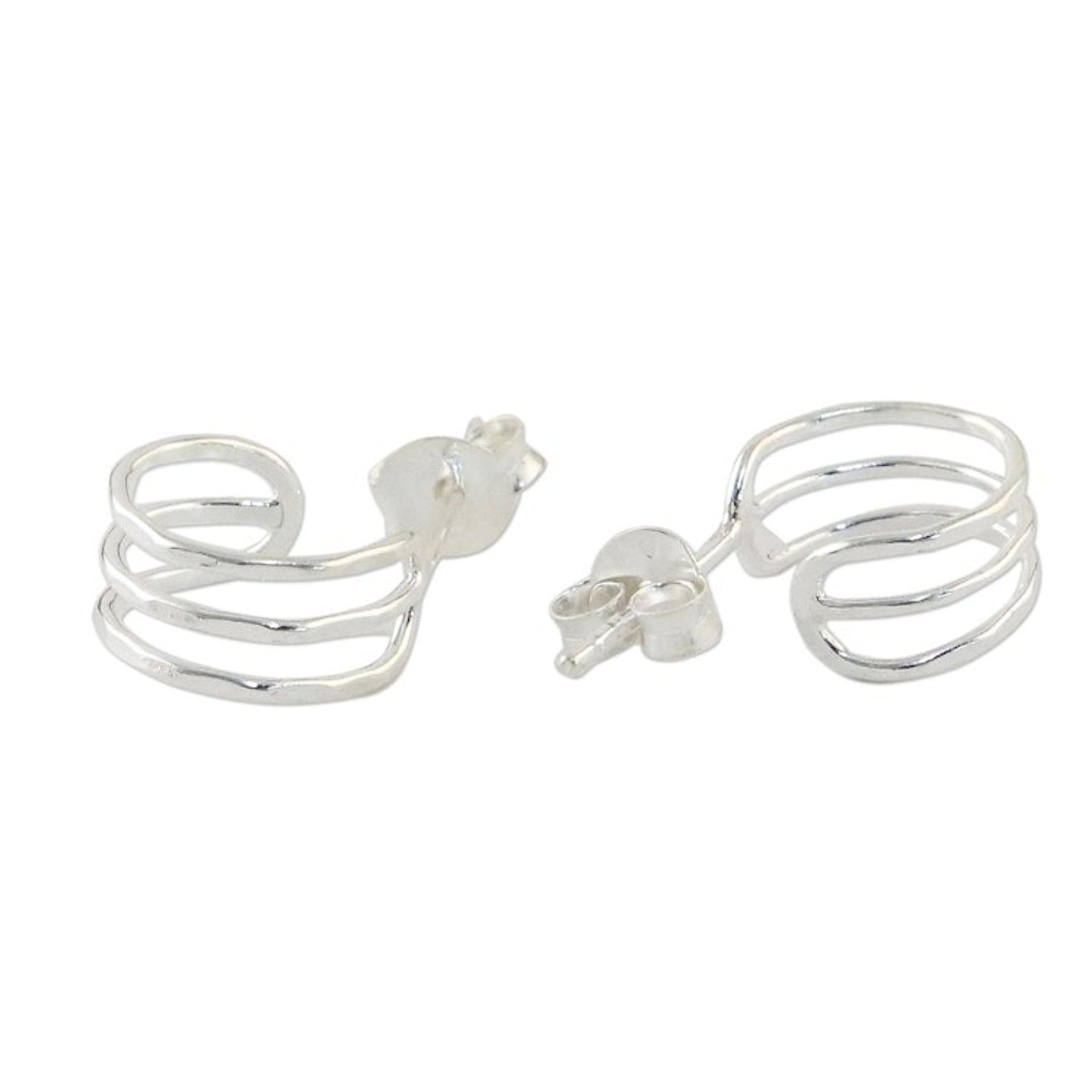 Sterling Silver Openwork Half-Hoop Earrings from Thailand 'Shining Jai Alai'