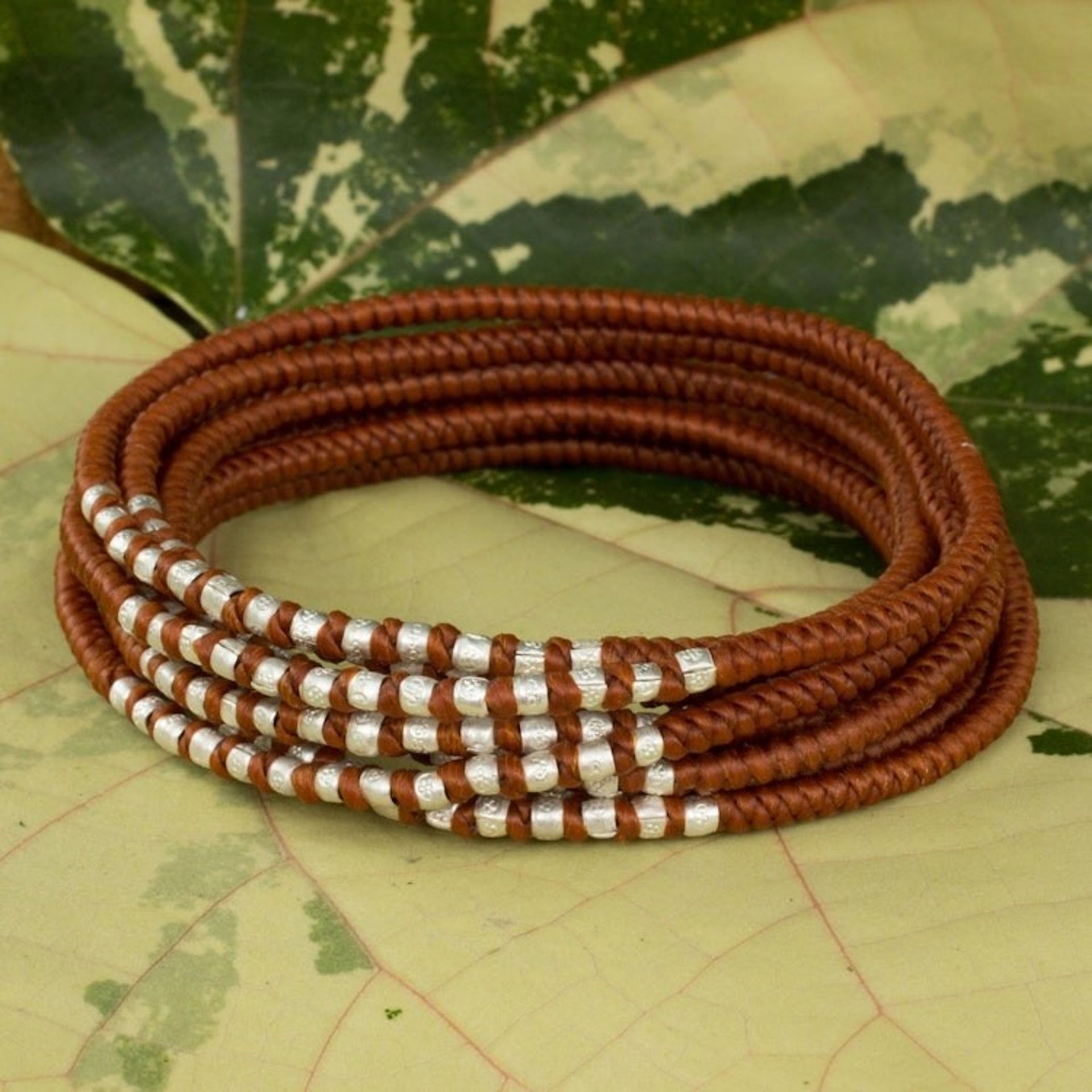 Hand Knotted Wrap Bracelet with Silver Accents 'Karen Honey Chic'