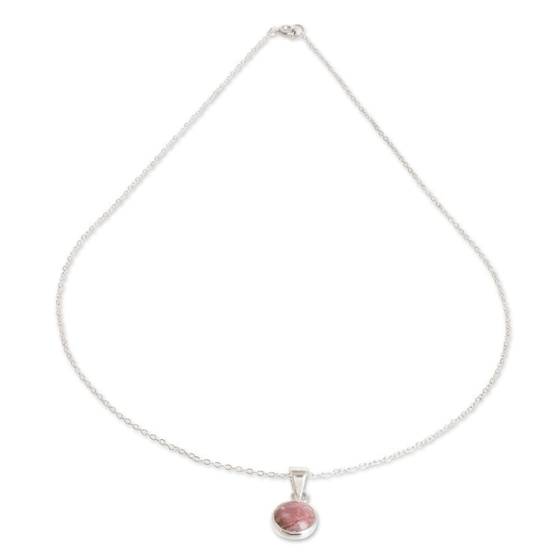 Natural Rhodonite and Silver Necklace 'Memorable Moon in Pink'