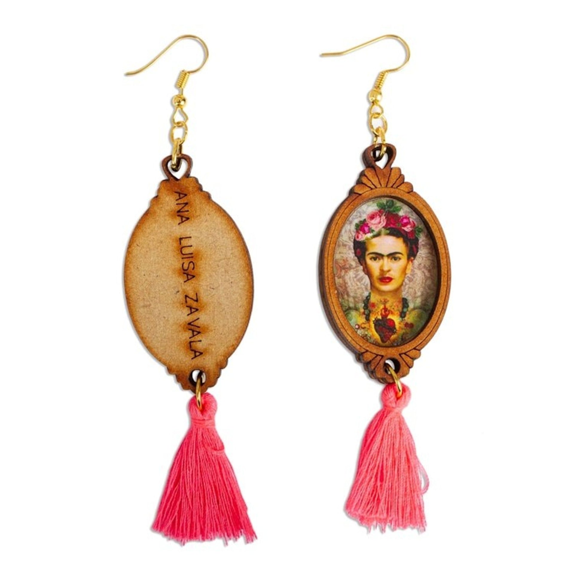 Handcrafted Frida Kahlo Sacred Heart Wood Dangle Earrings 'Heartfelt Frida'