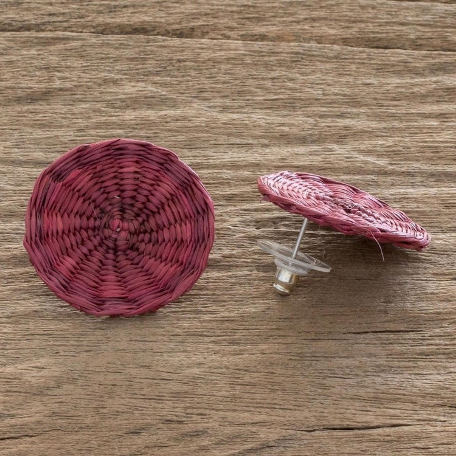 Fuchsia Handwoven Junco Reed Circular Button Earrings 'Circular Sensation in Fuchsia'