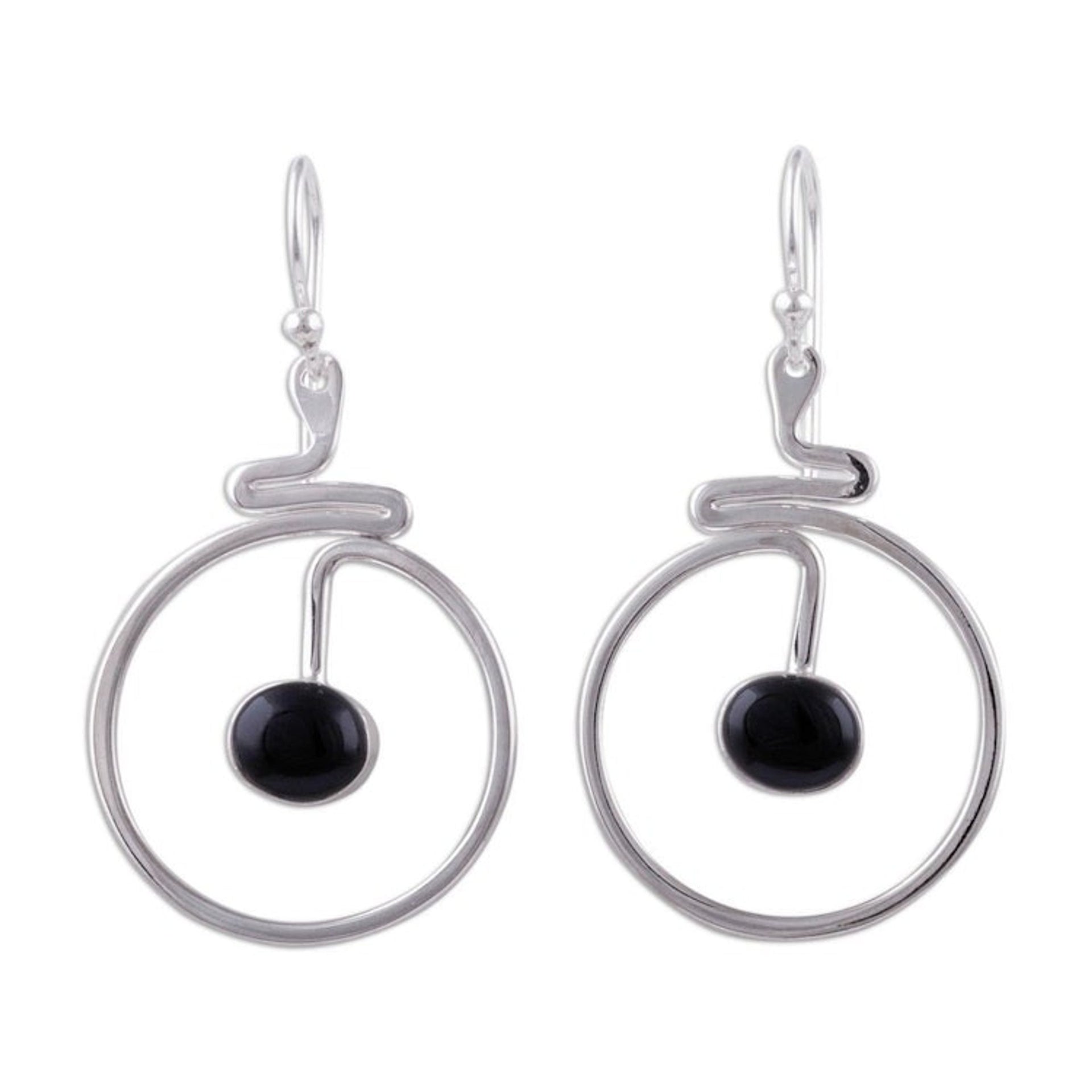 Round Black Obsidian Dangle Earrings from Peru 'Swirling Moons'