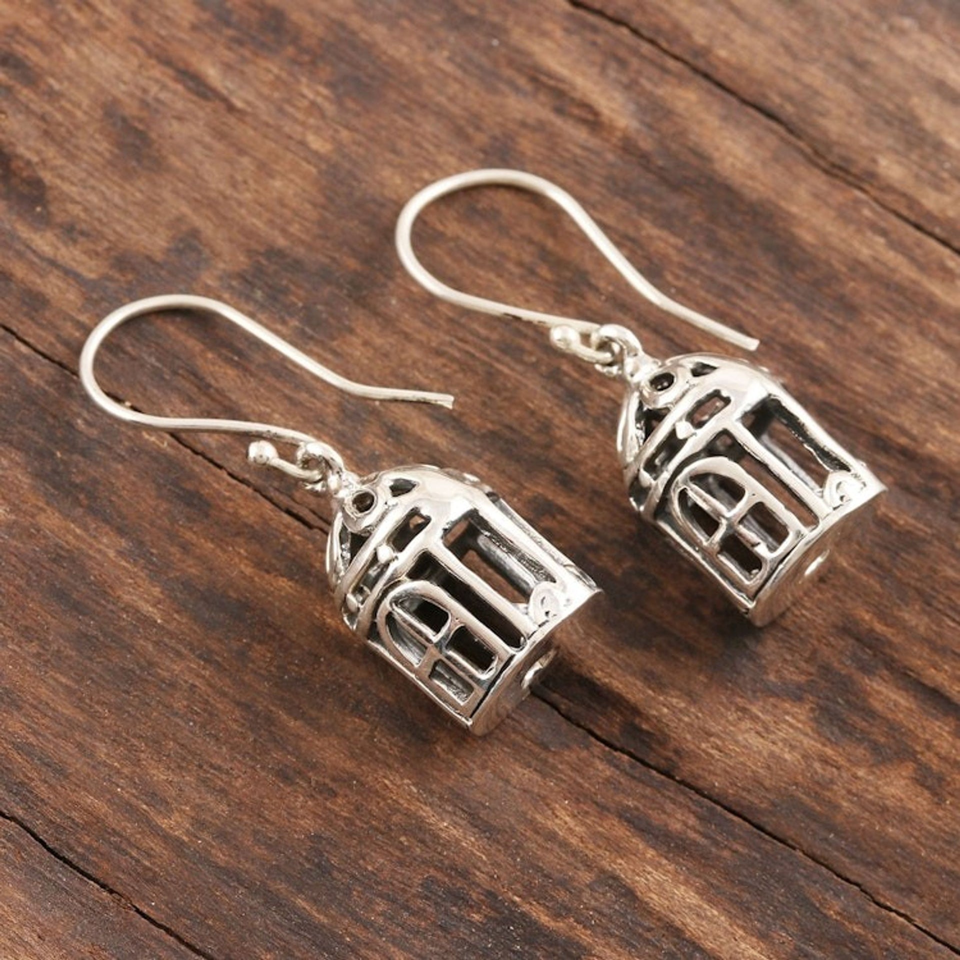 Charming Sterling Silver Bird Cage Earrings 'Cagey Birds'