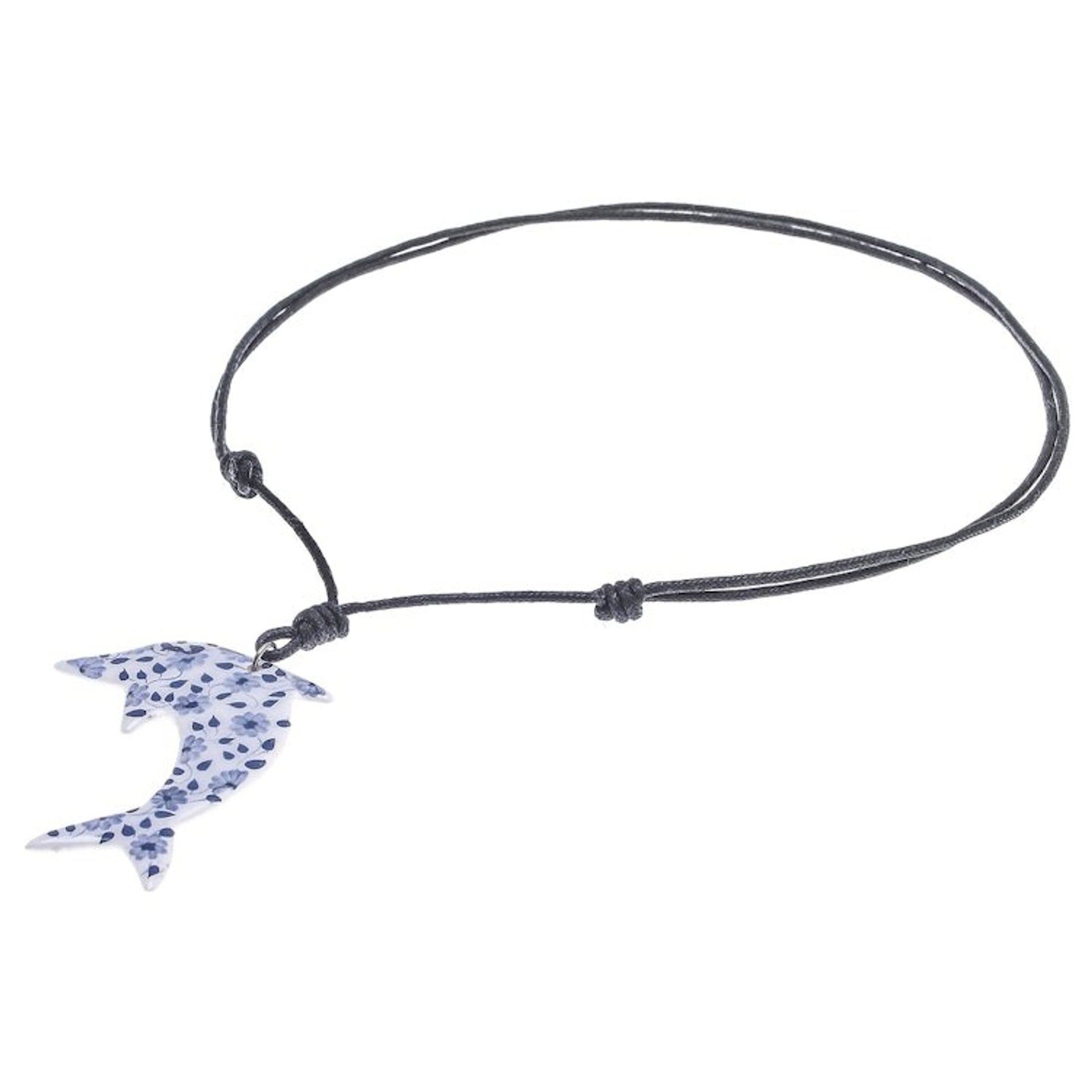Ceramic Dolphin Necklace with Painted Blue Floral Motifs 'Blue Flower Dolphin'