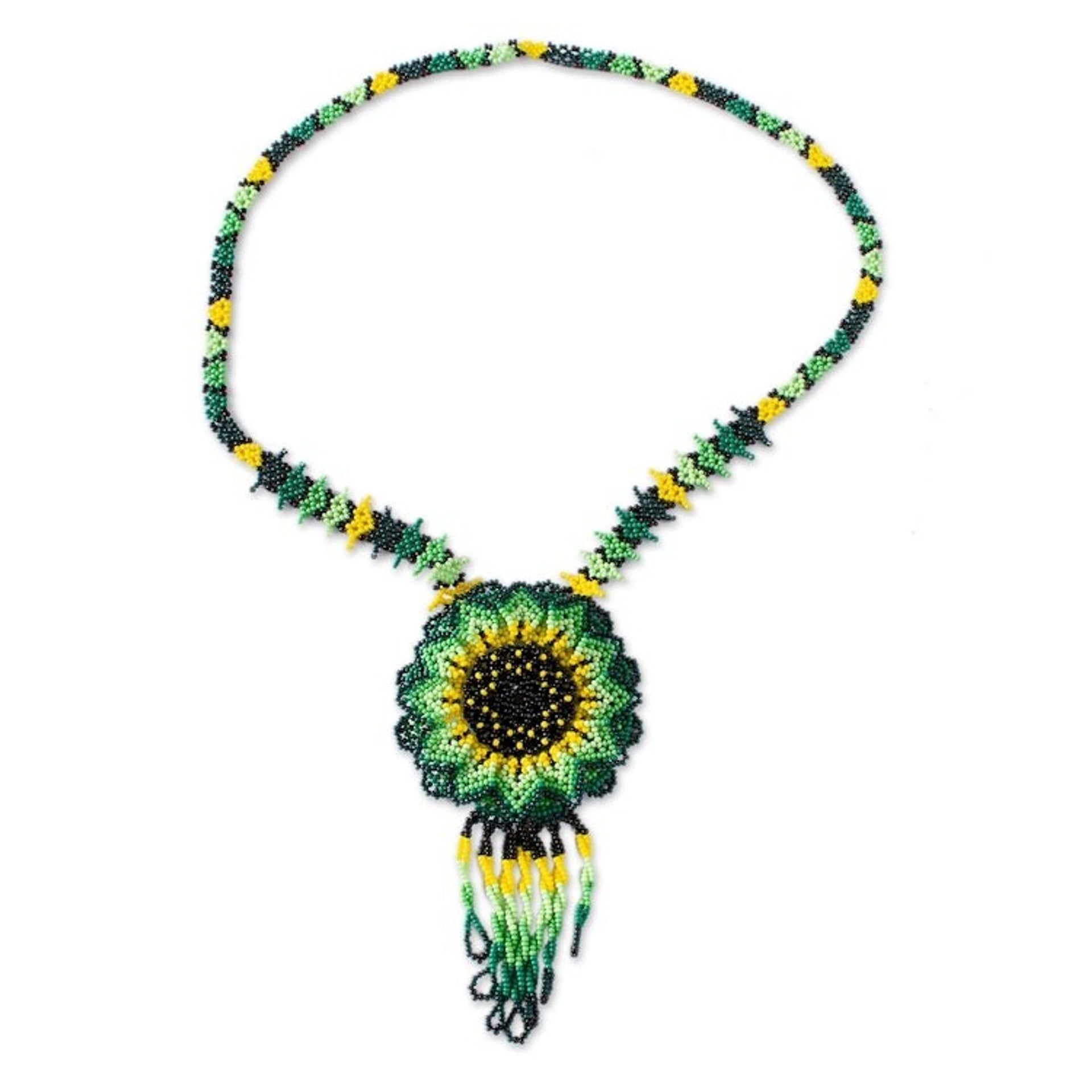Mexican Artisan Crafted Sunflower Beaded Pendant Necklace 'Sunlit Flower'
