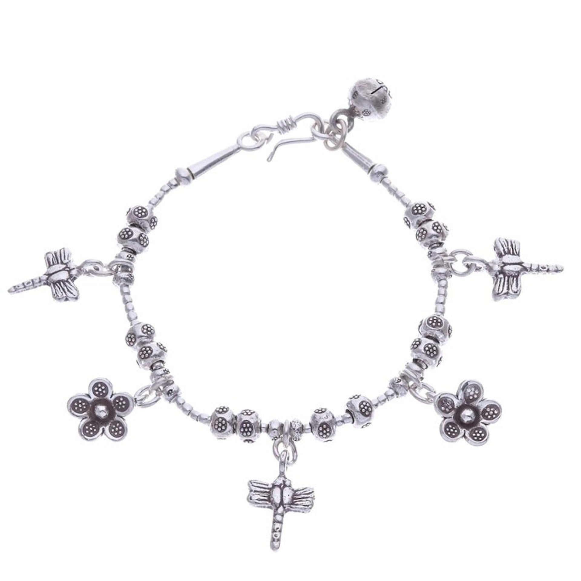 Dragonfly-Themed Karen Silver Beaded Charm Bracelet 'Dragonfly Daisies'