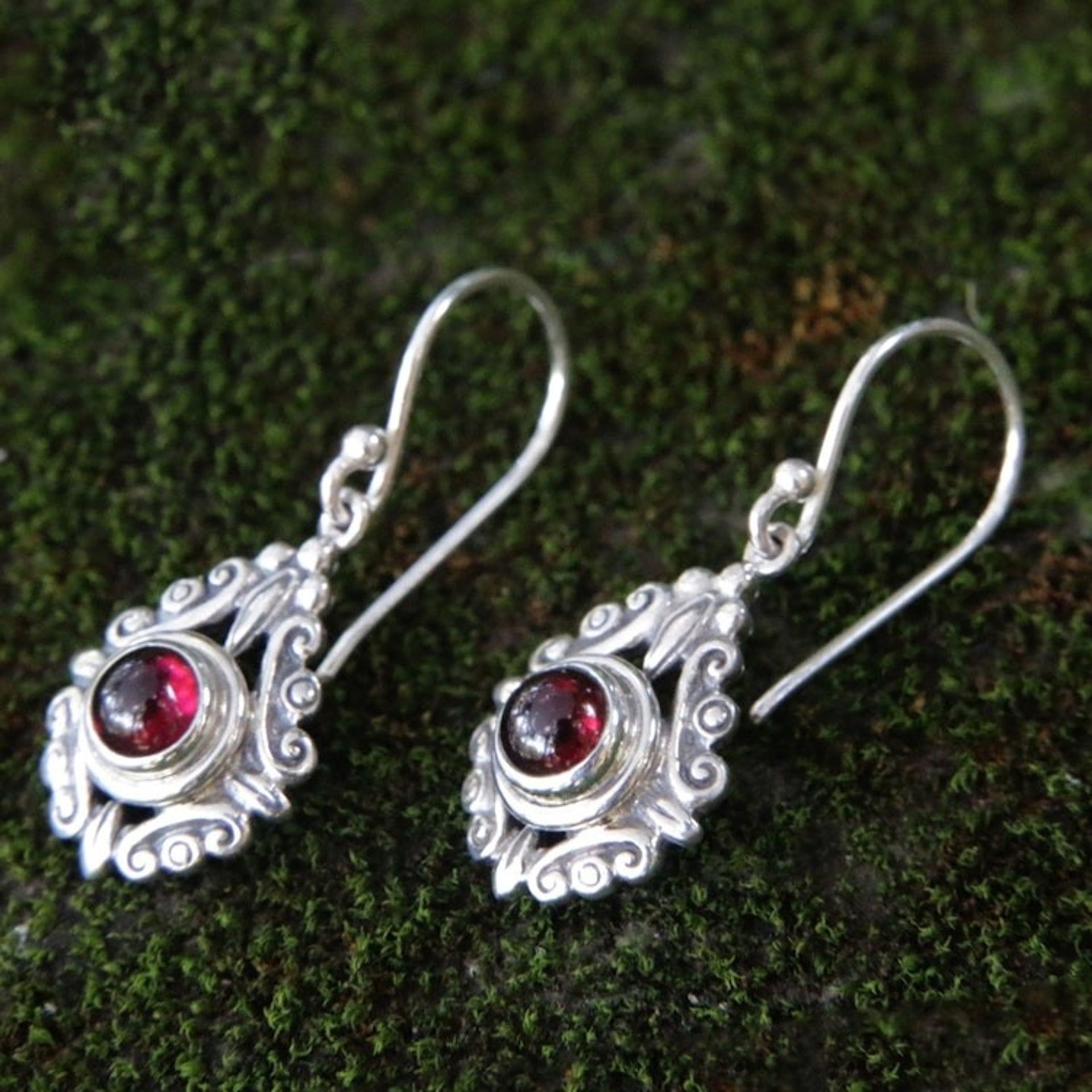 Sterling Silver Garnet Dangle Earrings 'Heart of Peace'