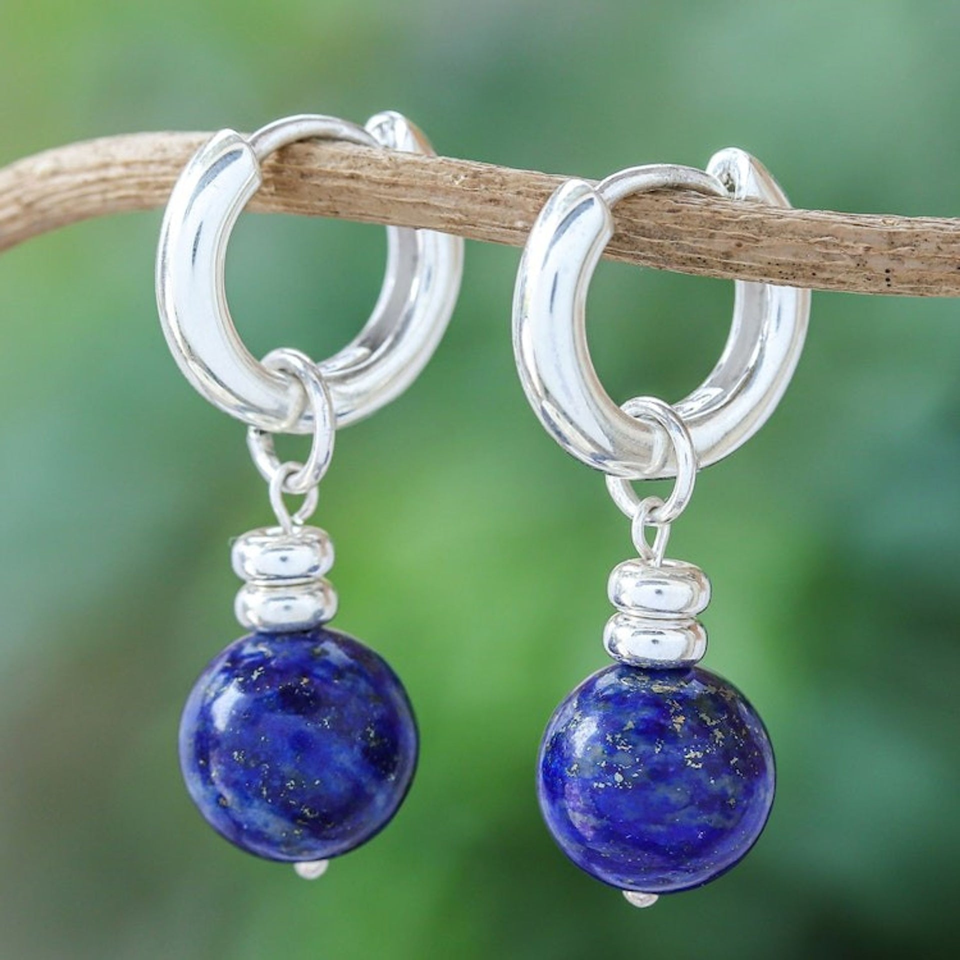 Sterling Silver Hoop Earrings with Lapis Lazuli Stones 'Shining Allure'