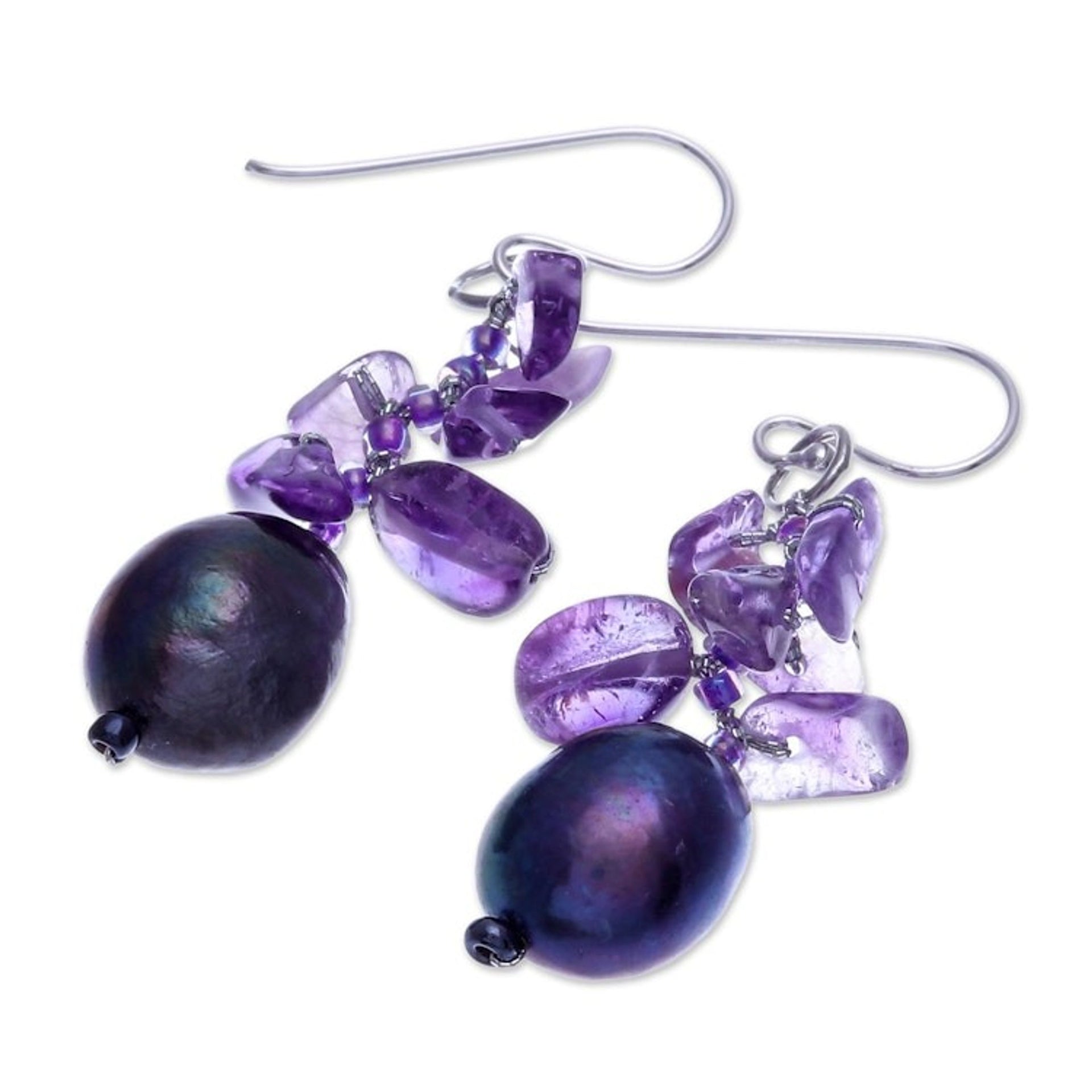 Amethyst and Cultured Pearl Cluster Earrings 'Polar Sleep'