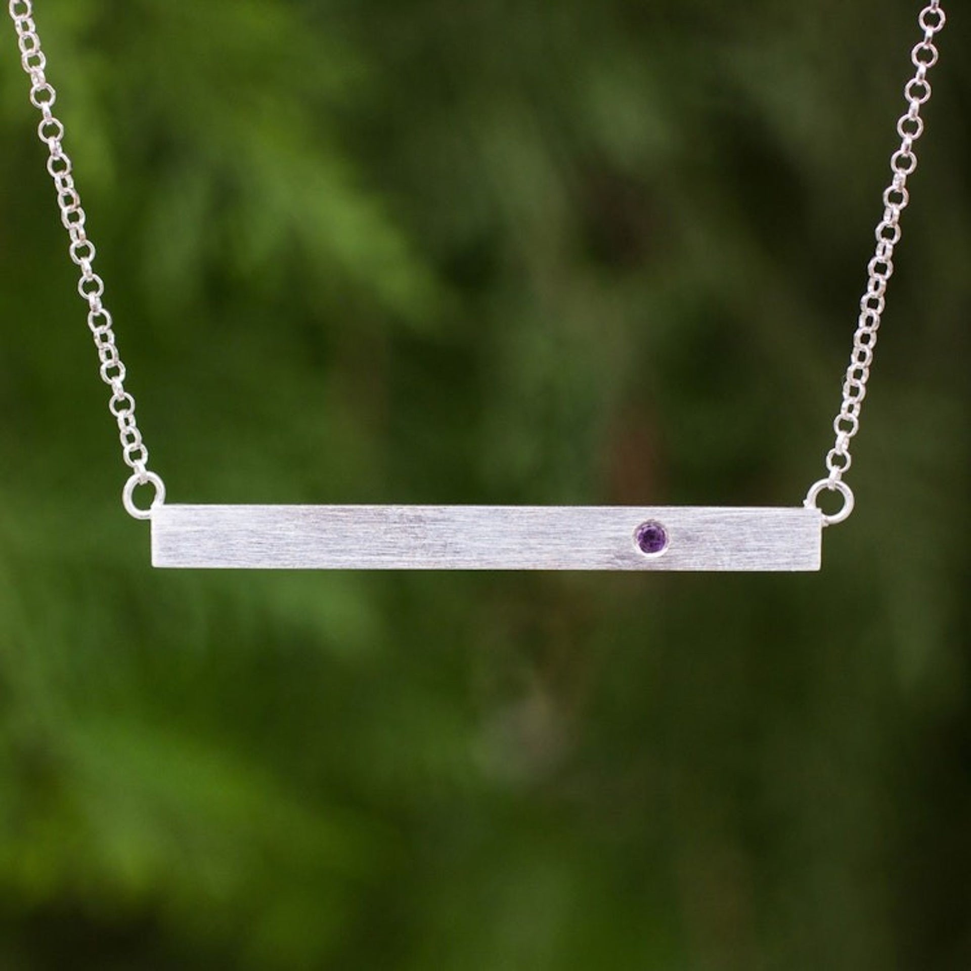 Artisan Crafted Sterling Silver and Amethyst Bar Necklace 'Simply Love'