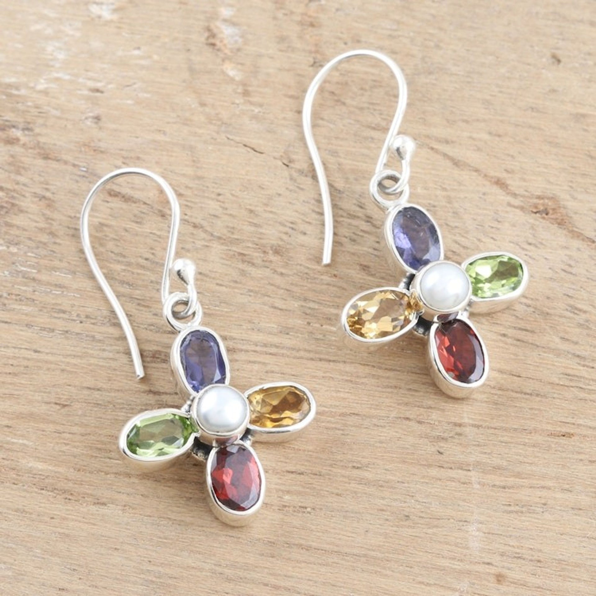 Sterling Silver Floral Dangle Earrings with Multiple Gems 'Colorful Floral Dream'