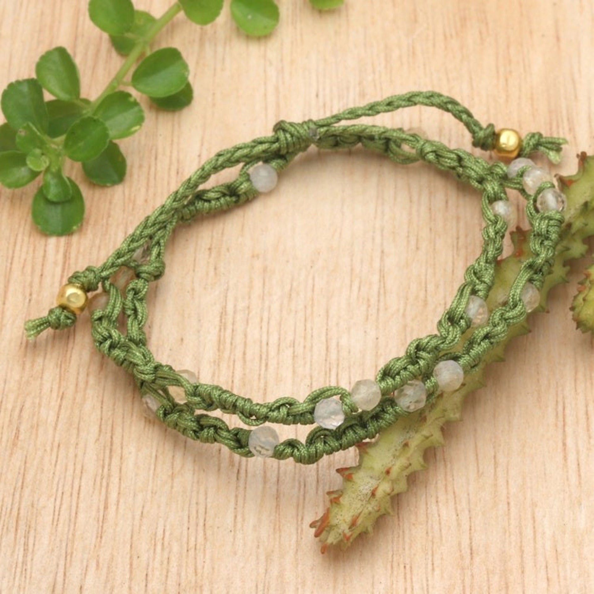 Citrine Macrame Wrap Bracelet with Gold-Plated Brass Beads 'Green Flair'