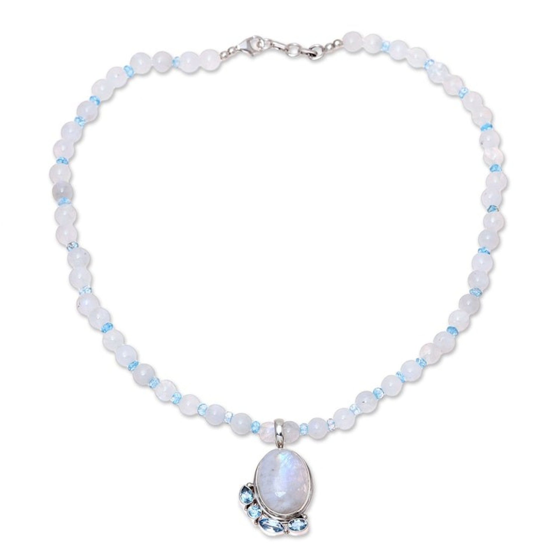 Rainbow Moonstone and Blue Topaz Beaded Pendant Necklace 'Everlasting Glow'