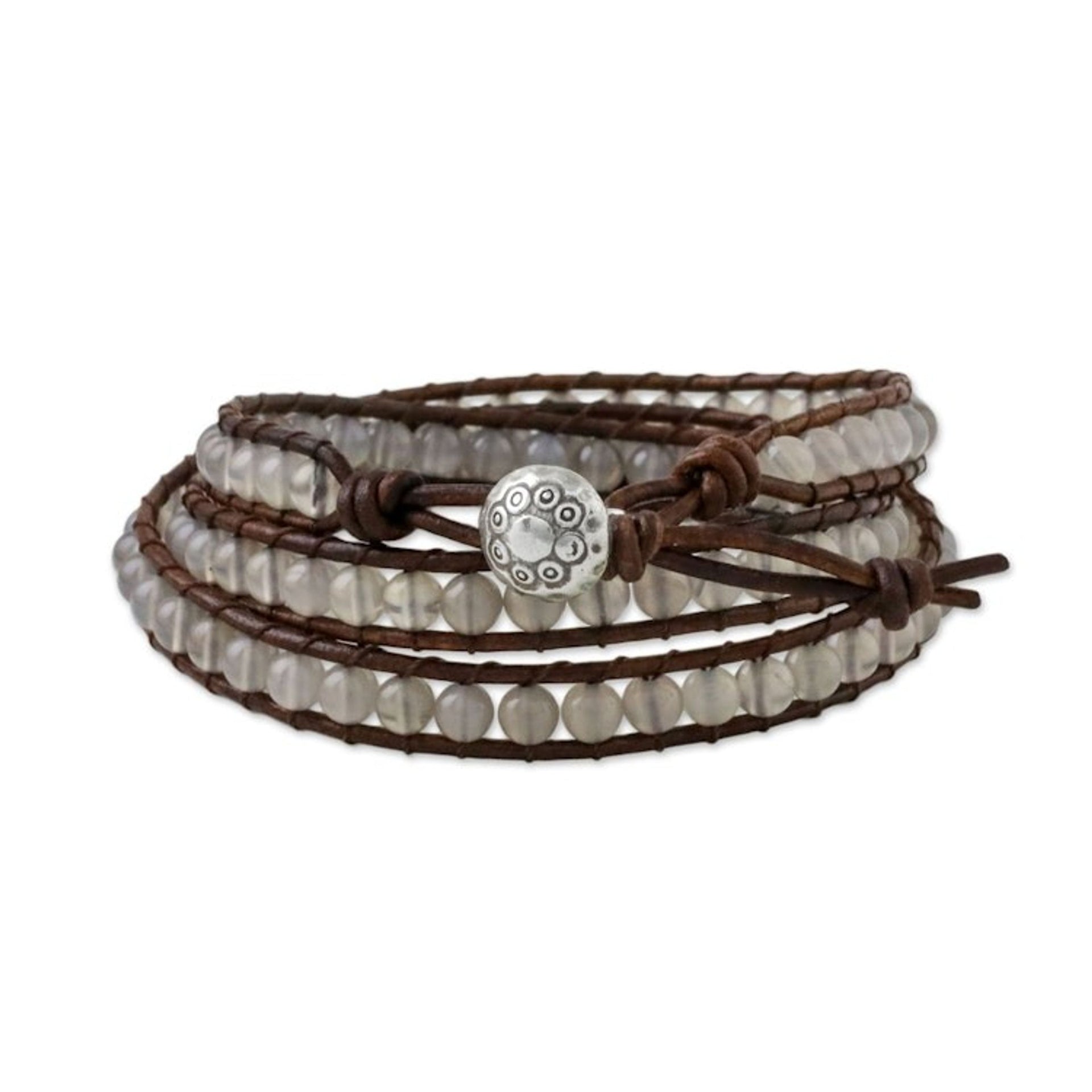 Chalcedony and Leather Beaded Wrap Bracelet from Thailand 'Spring Fog'