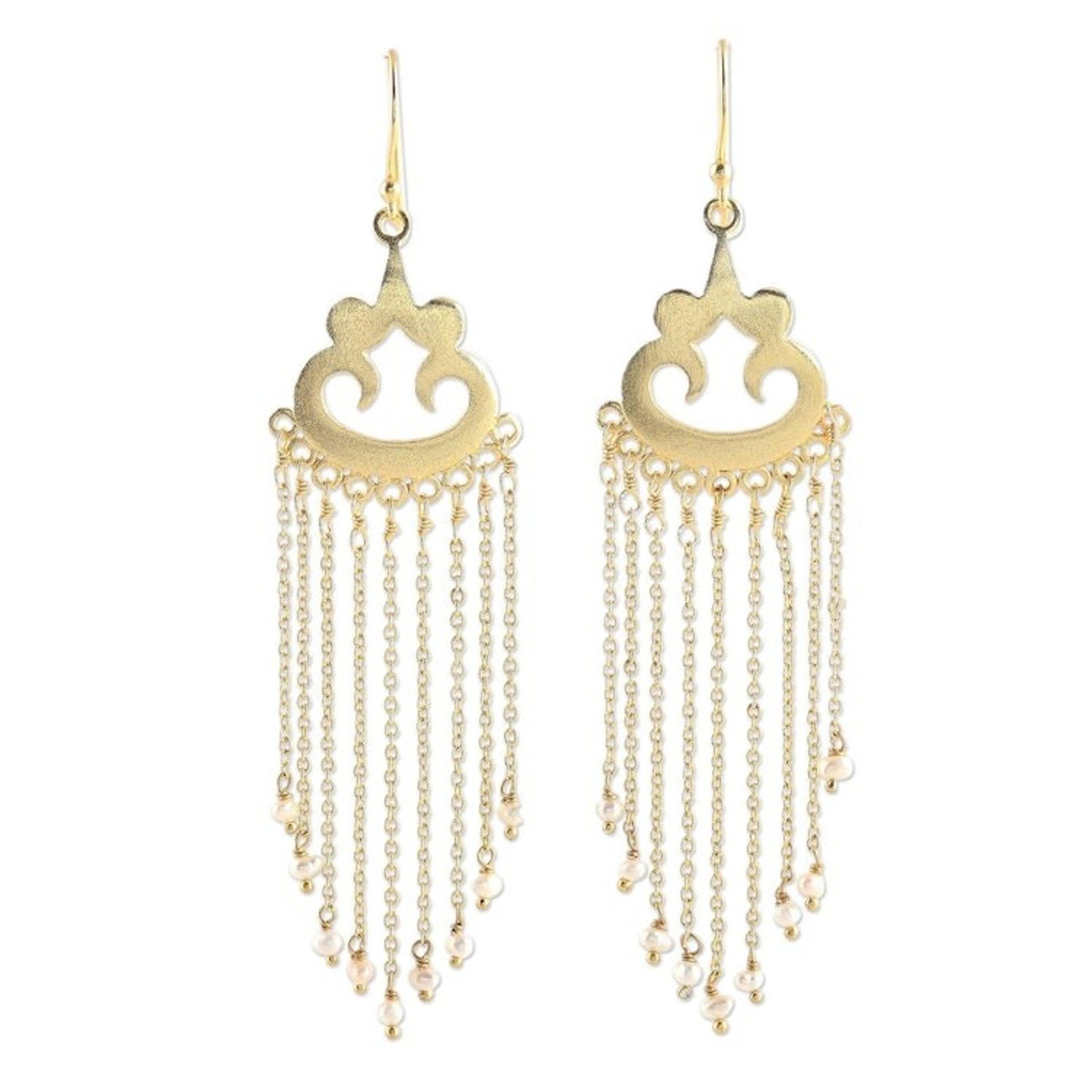 Gold Plated Cultured Pearl Waterfall Earrings from India 'Glowing Rain'