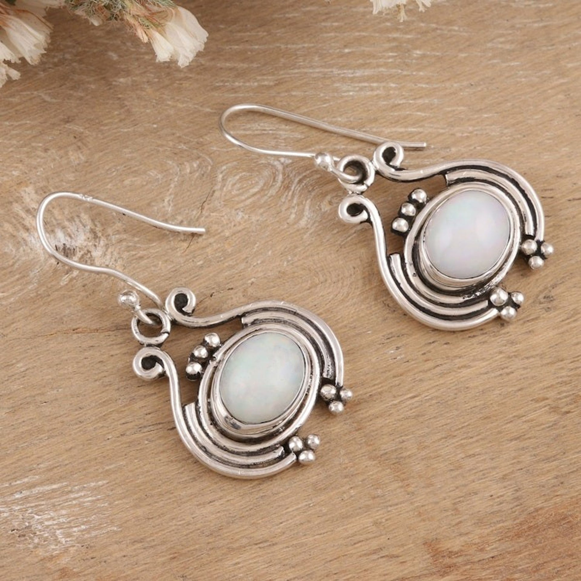 Sterling Silver Dangle Earrings with Opal Stones from India 'Opal Opulence'