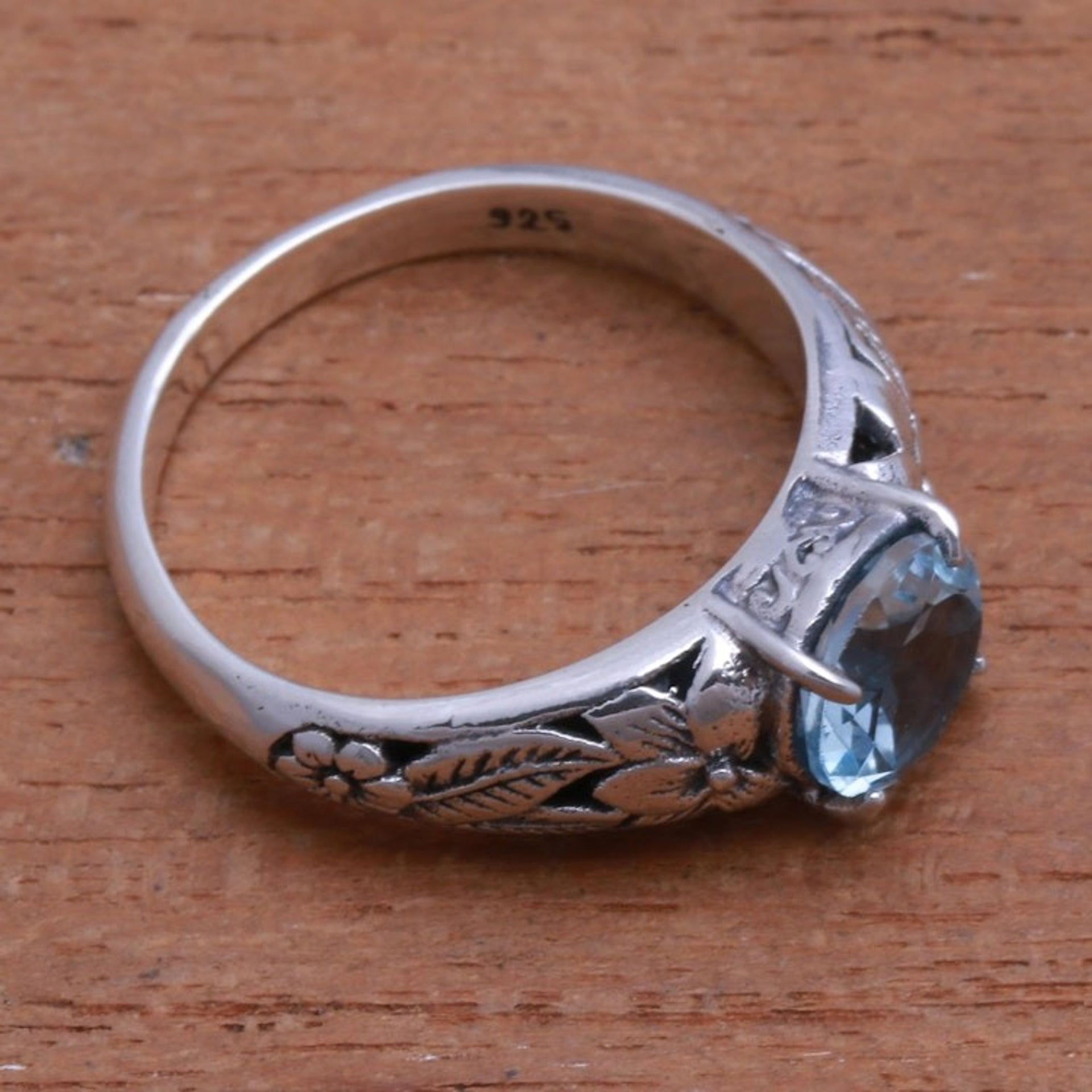 Floral Blue Topaz Single-Stone Ring from Bali 'Floral Glint'