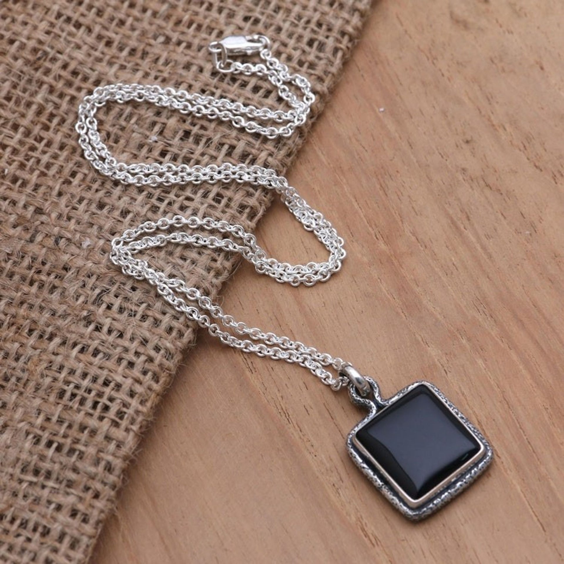 Handmade Sterling Silver and Onyx Pendant Necklace 'Square Shadow'