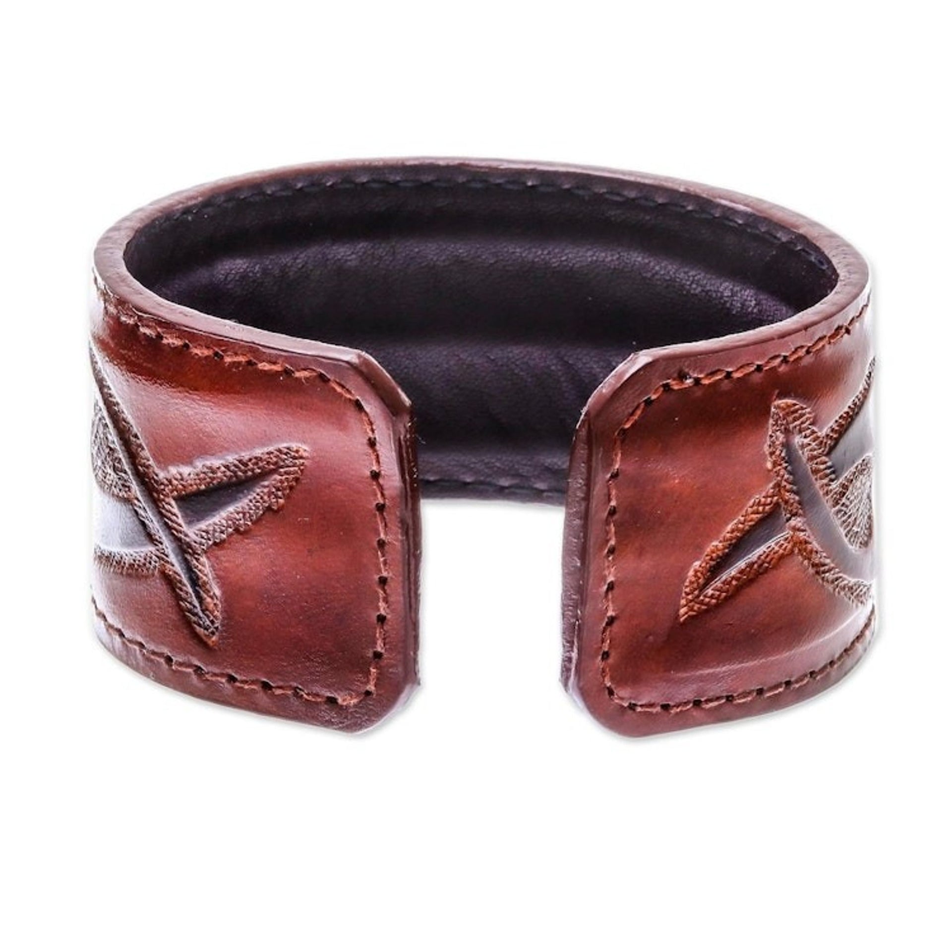 Tribal Pattern Brown Leather Cuff Bracelet from Thailand 'Tribal Pattern in Brown'
