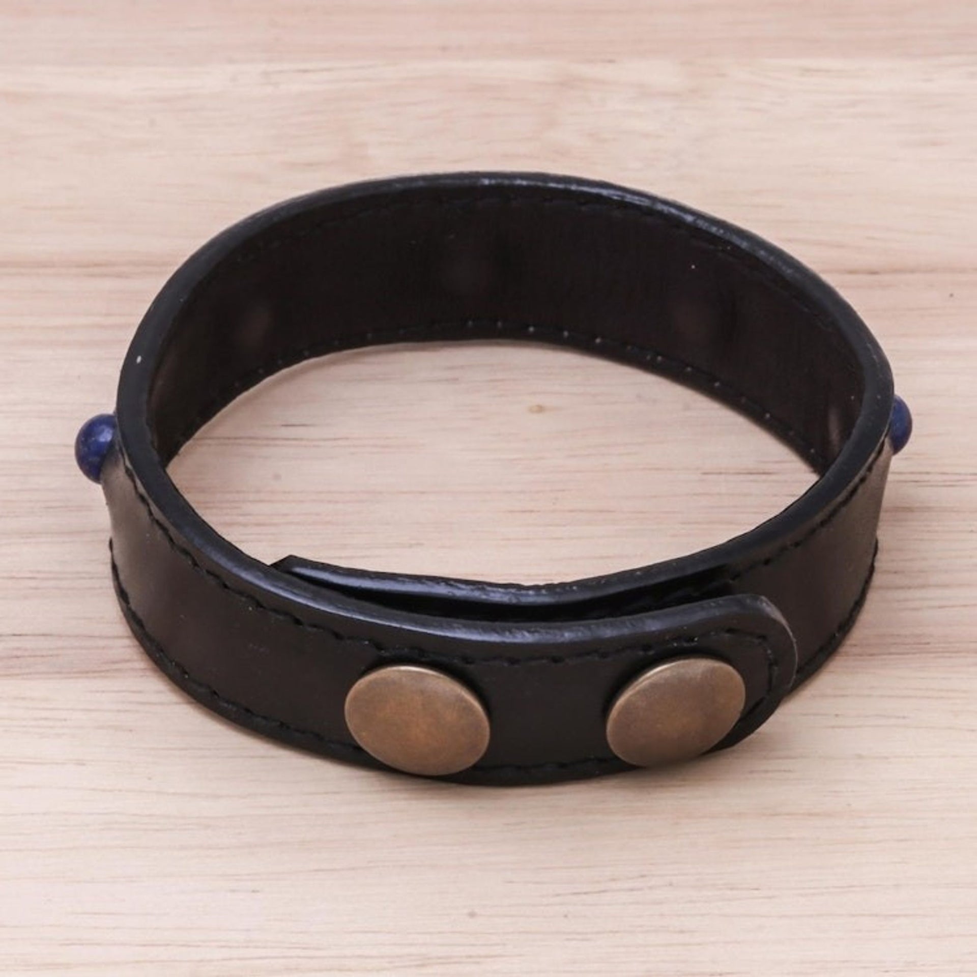 Men's Lapis Lazuli and Leather Beaded Wristband Bracelet 'Powerful Mind'