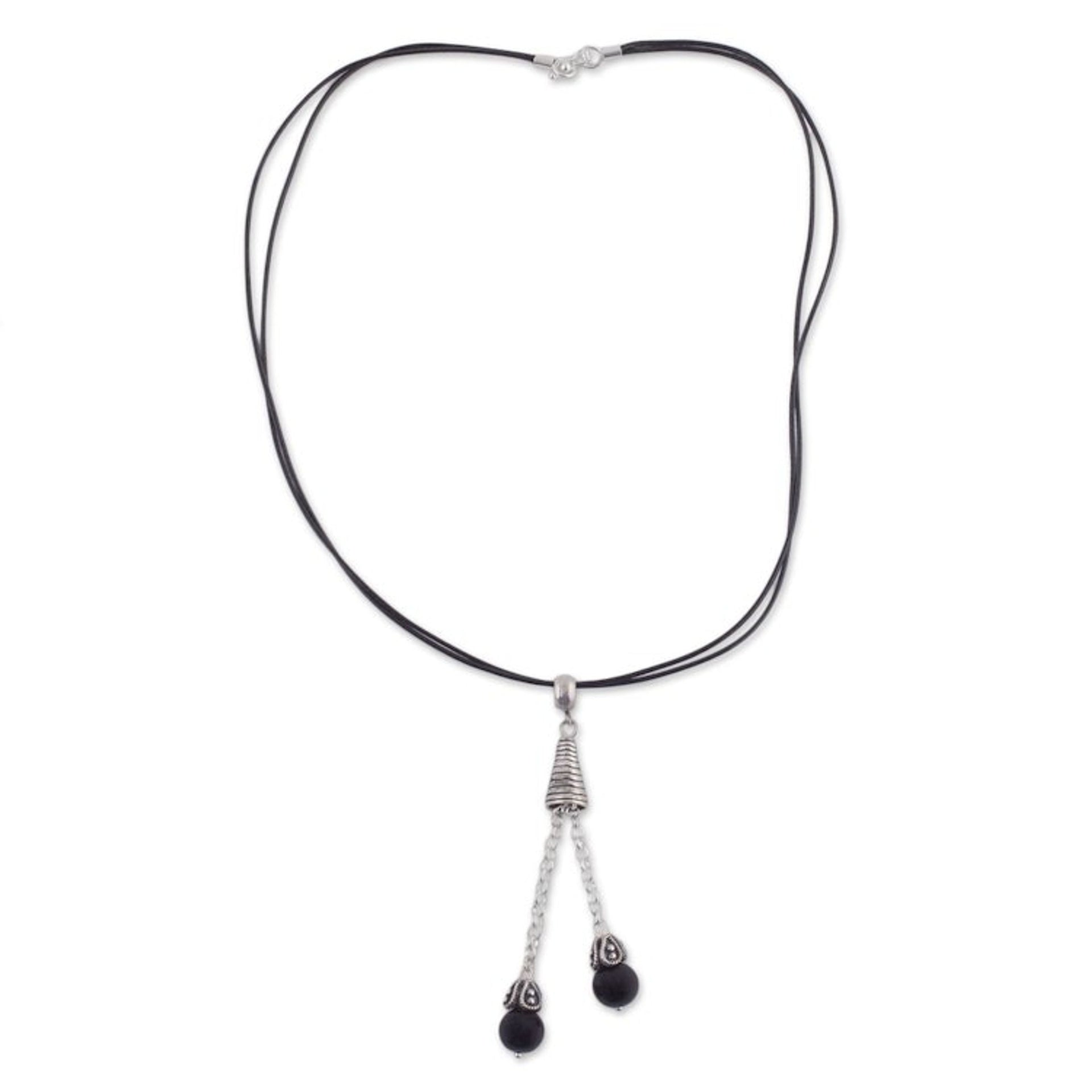 Obsidian Gemstone Pendant Necklace on Cotton Cord from Peru 'Floral Pendulums'