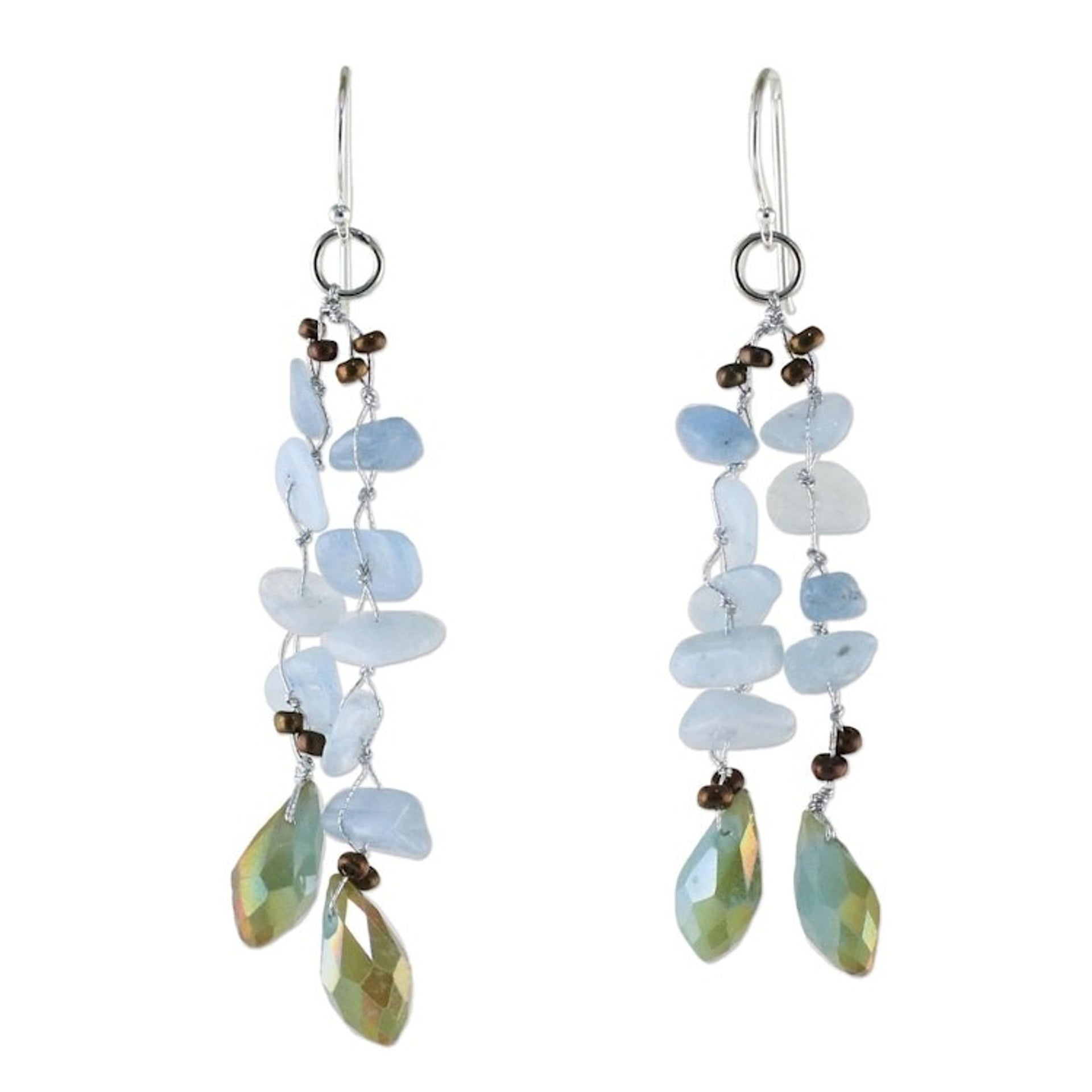 Blue Quartz and Glass Bead Dangle Earrings from Thailand 'Crystalline Drops in Blue'