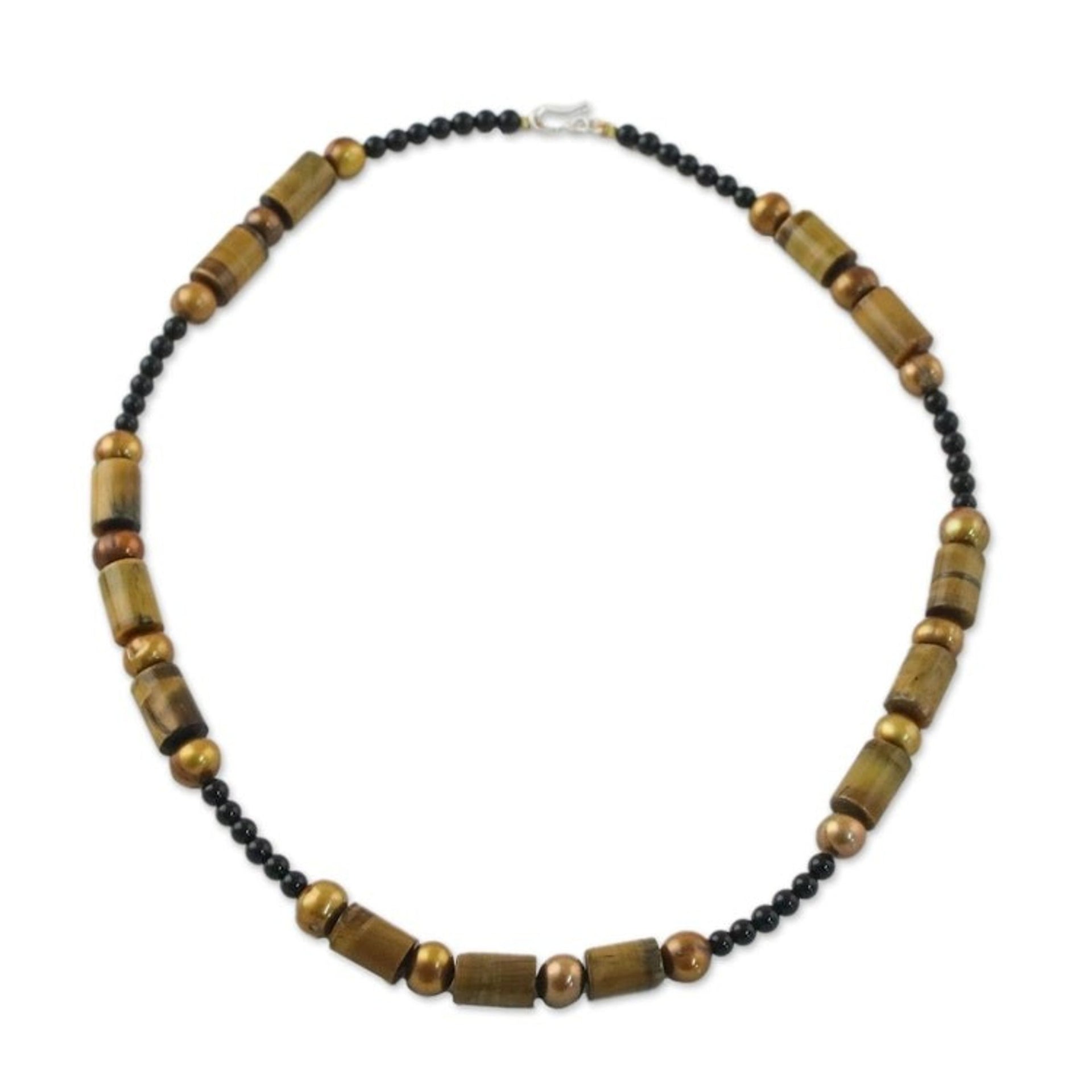Beaded Onyx and Tiger's Eye Necklace 'Honey Bamboo'