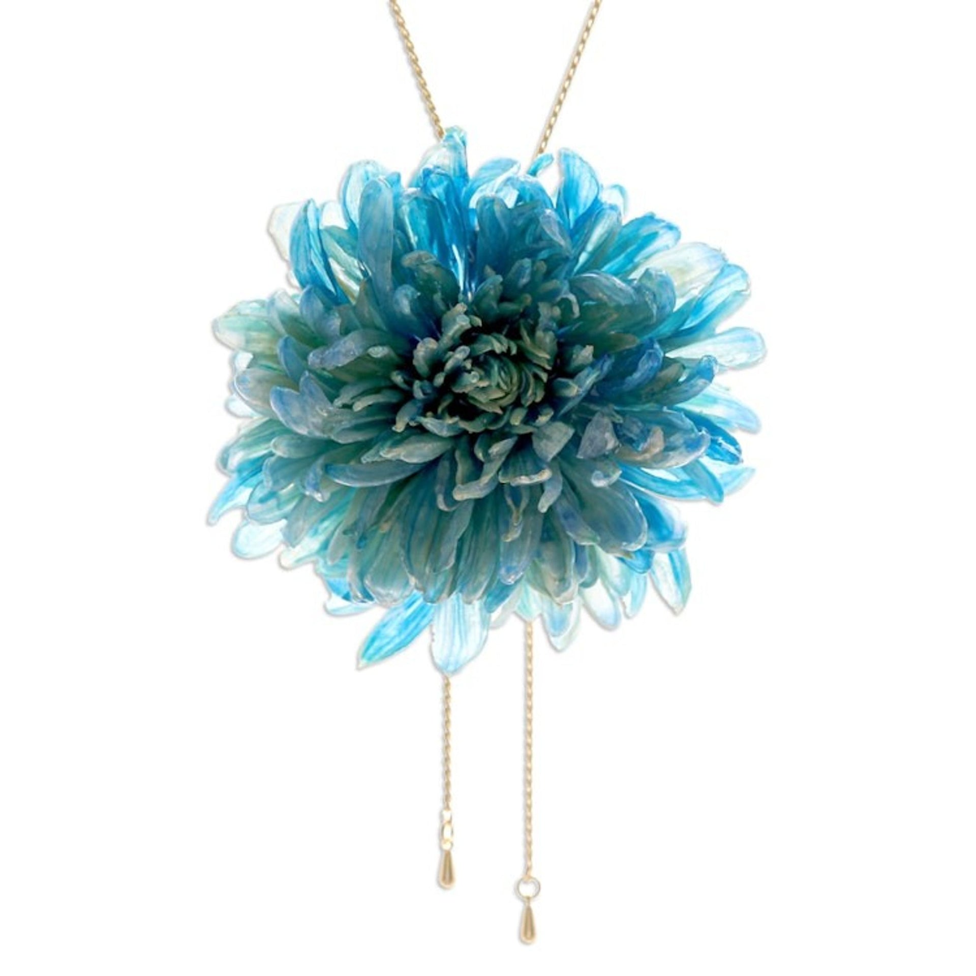 22k Gold-Plated Sky Blue Chrysanthemum Bloom Lariat Necklace 'Happy Sky Blue'